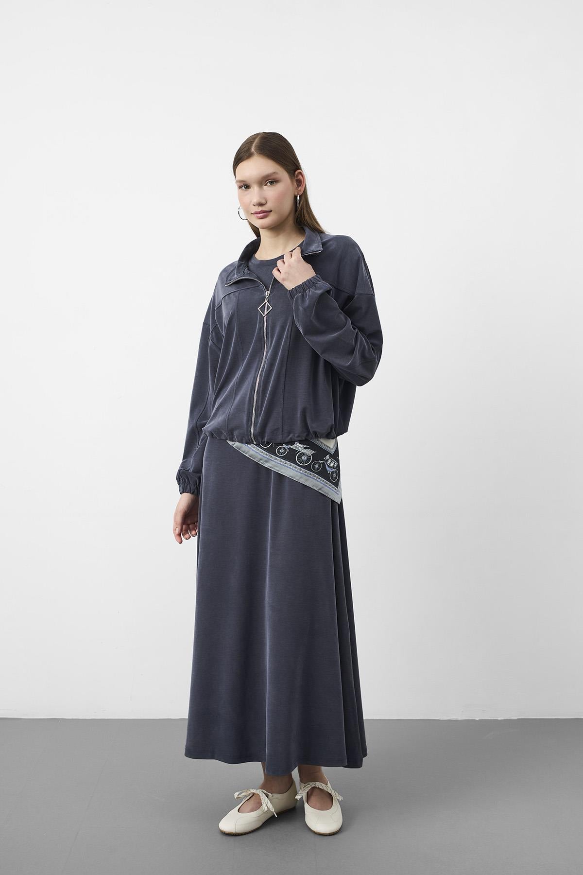 Füme Kadın Premium Tencel Doku Sweat Üstlü Midi Elbise Takım