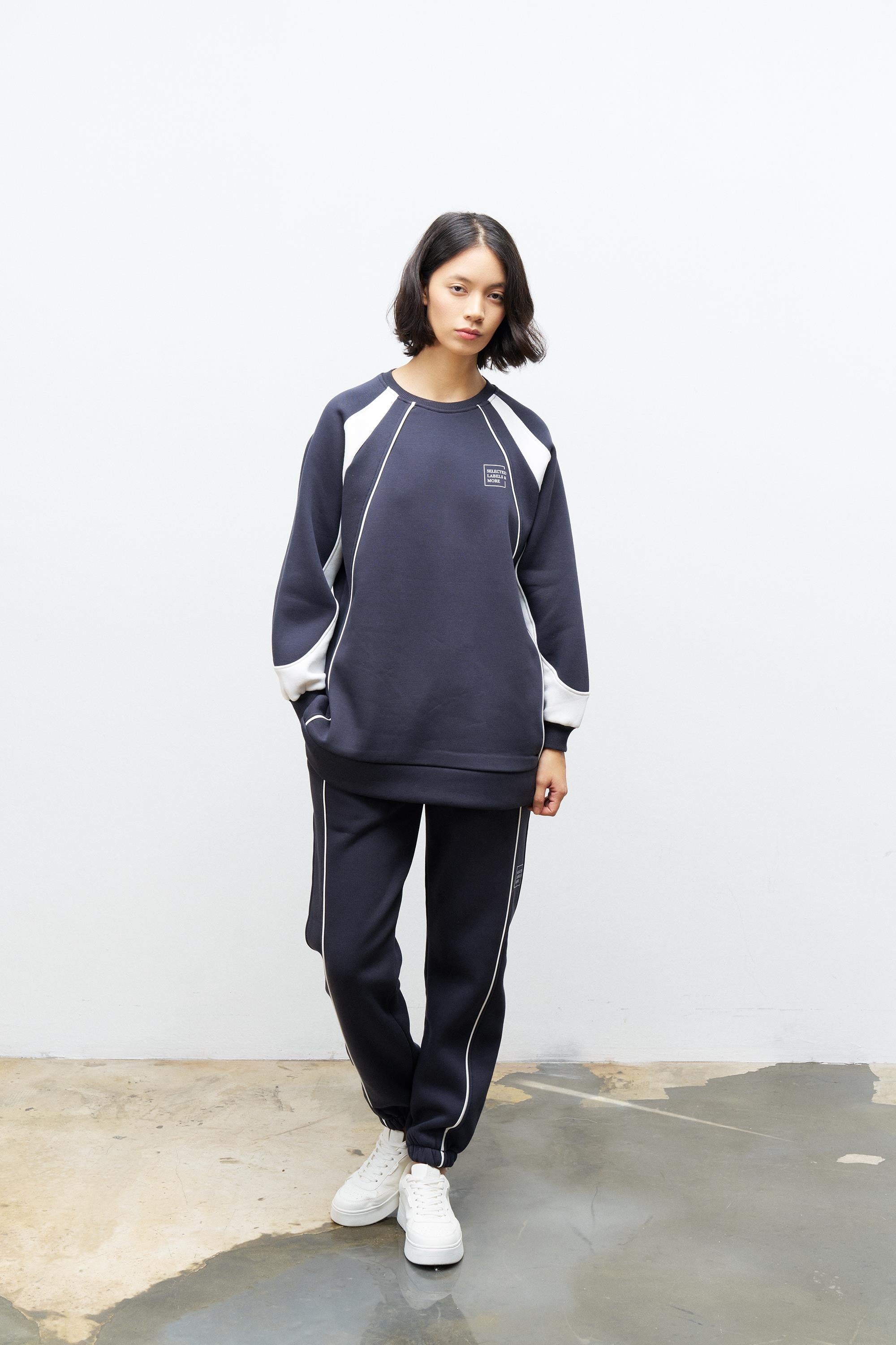 Füme Kadın Şardonlu Baskı Detaylı Bisiklet Yaka Rahat Kesim Oversize Kalıp Alt Üst Takım