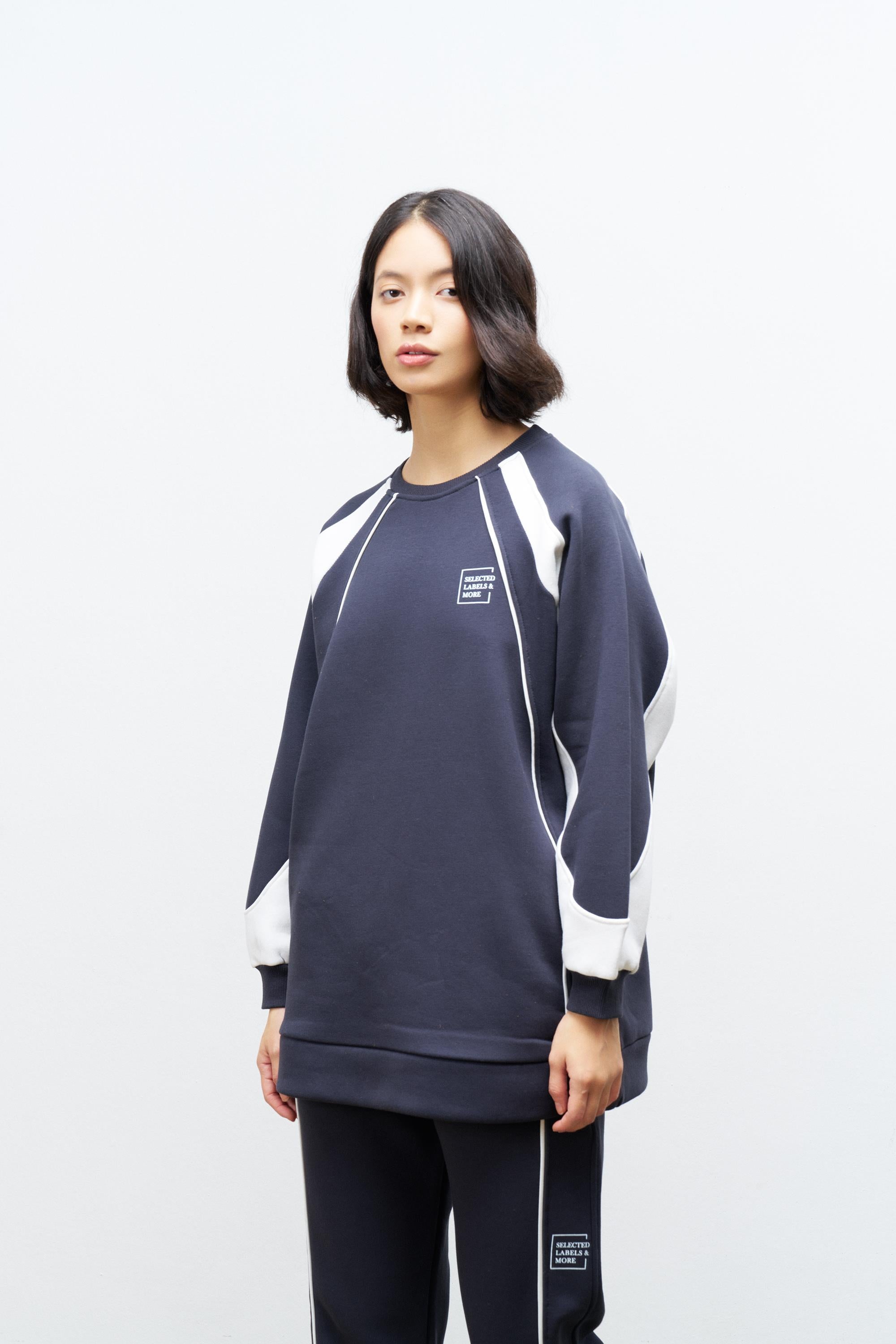 Füme Kadın Şardonlu Baskı Detaylı Bisiklet Yaka Rahat Kesim Oversize Kalıp Alt Üst Takım