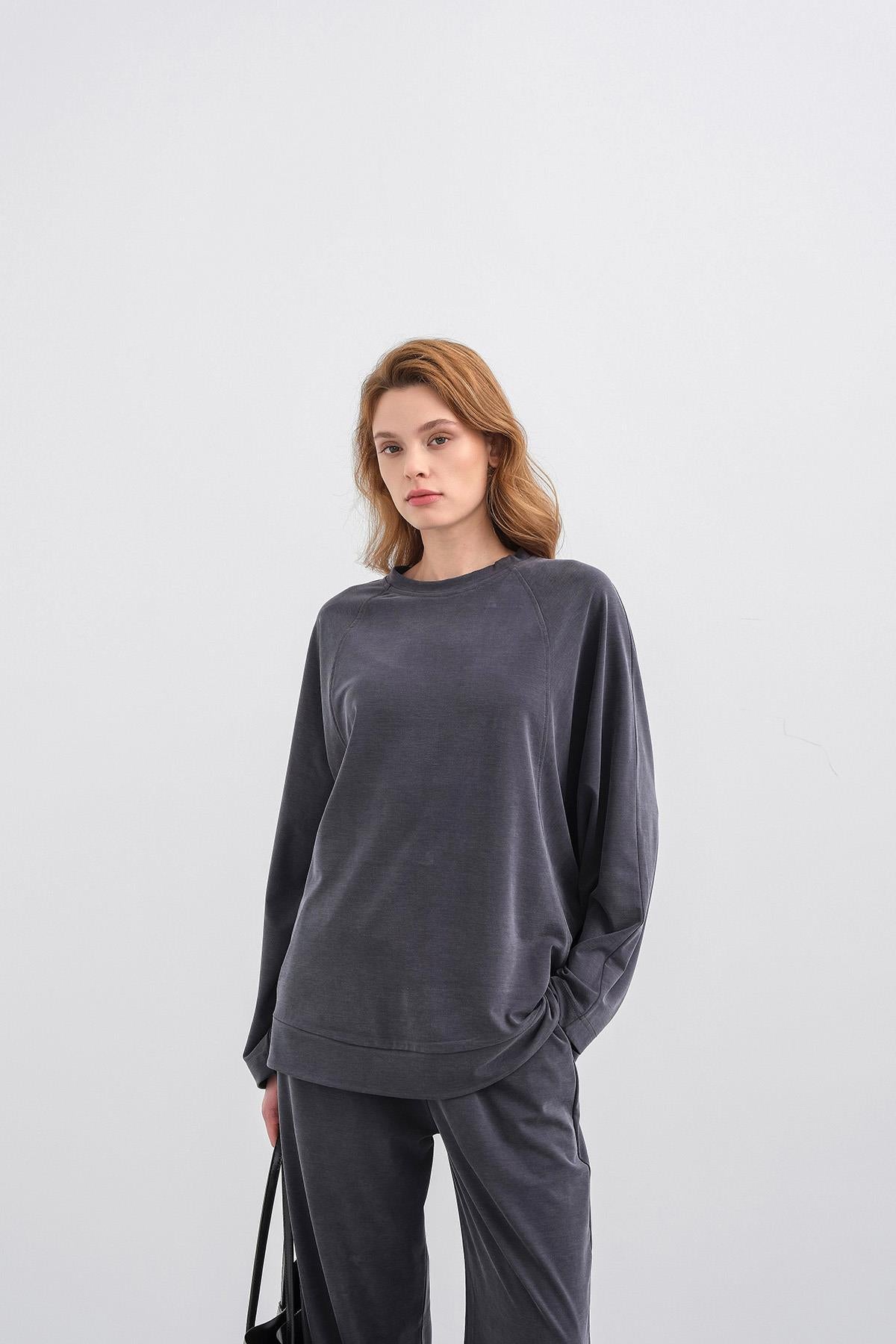 Füme Kadın Tencel Karışımlı Yumuşak Dokulu Bisiklet Yaka Basic Bol Paça Alt-Üst Takım