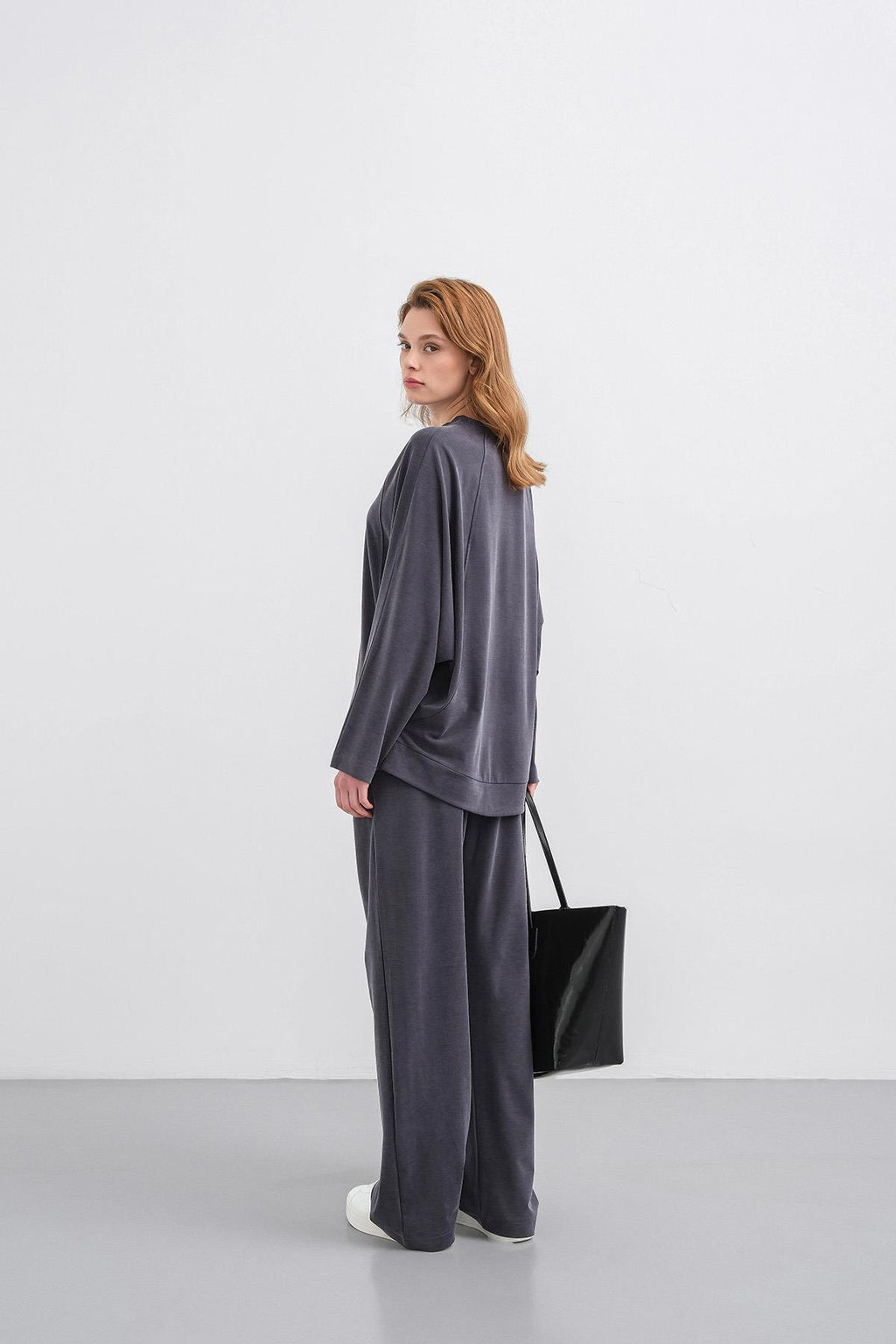 Füme Kadın Tencel Karışımlı Yumuşak Dokulu Bisiklet Yaka Basic Bol Paça Alt-Üst Takım