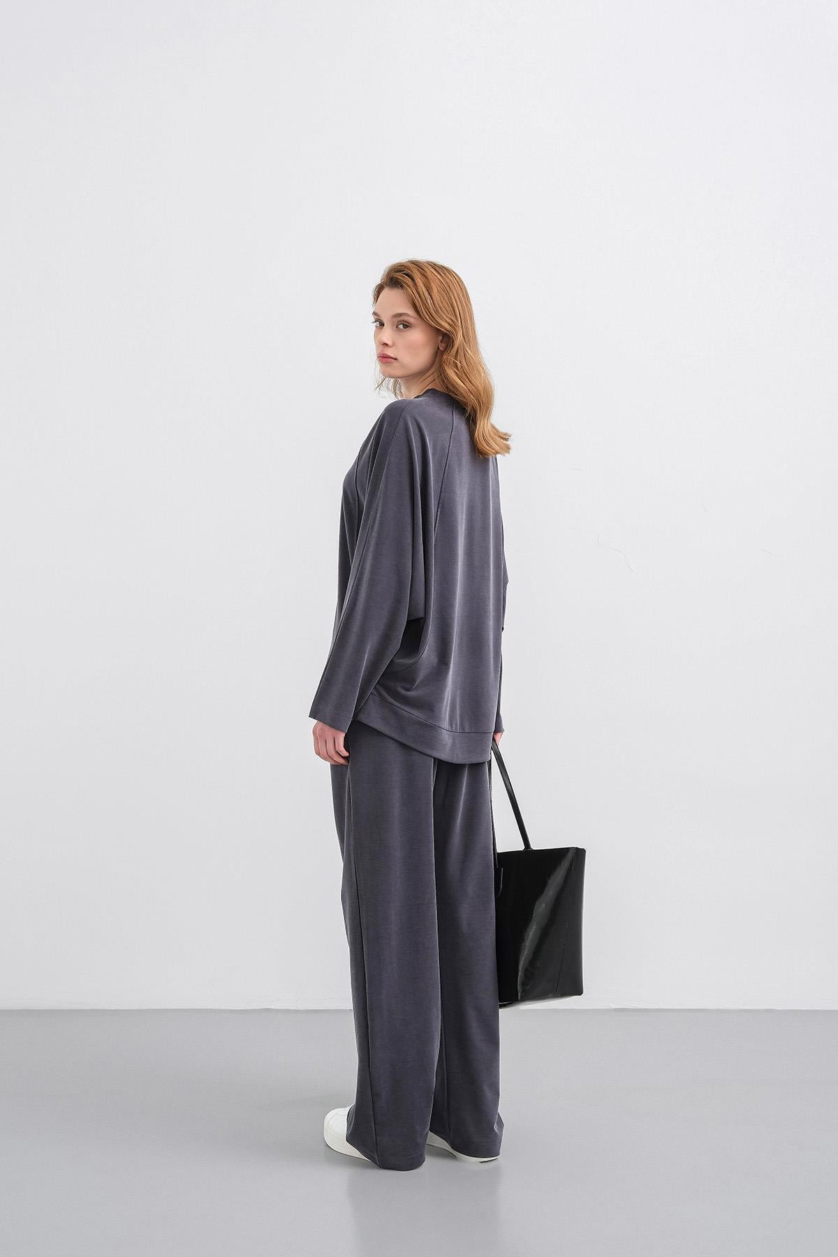 Füme Kadın Tencel Karışımlı Yumuşak Dokulu Bisiklet Yaka Basic Bol Paça Alt-Üst Takım