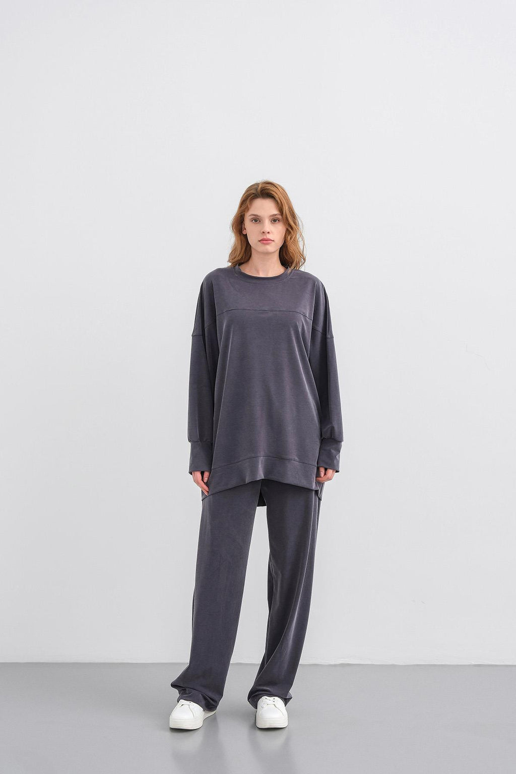 Füme Kadın Tencel Karışımlı Yumuşak Dokulu Nervürlü Bol Paça Basic Alt-Üst Takım