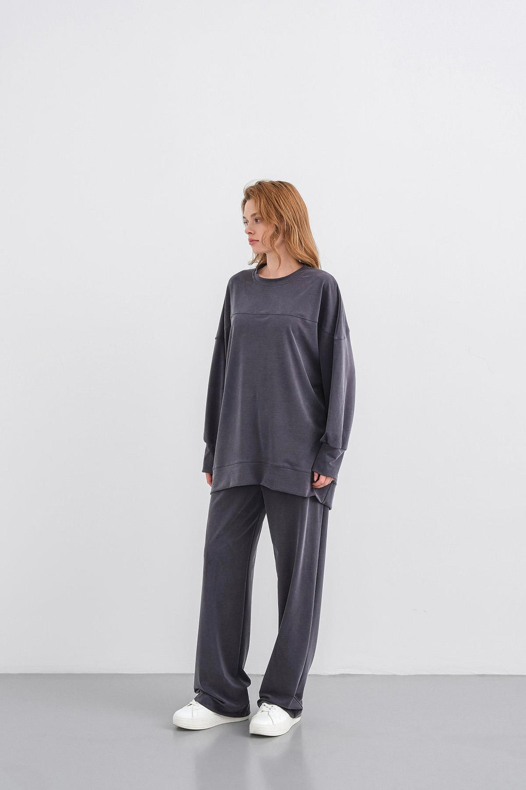 Füme Kadın Tencel Karışımlı Yumuşak Dokulu Nervürlü Bol Paça Basic Alt-Üst Takım