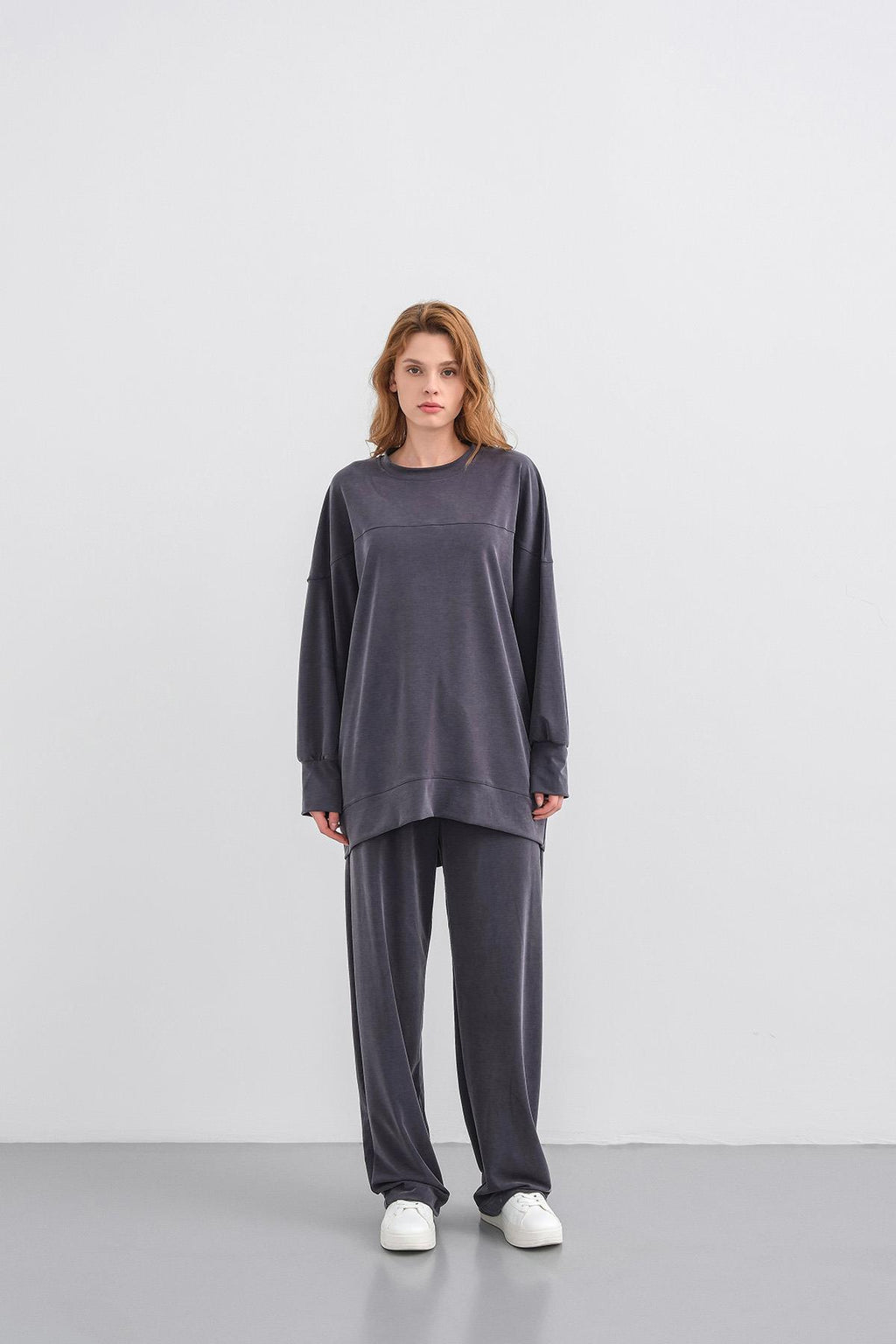 Füme Kadın Tencel Karışımlı Yumuşak Dokulu Nervürlü Bol Paça Basic Alt-Üst Takım