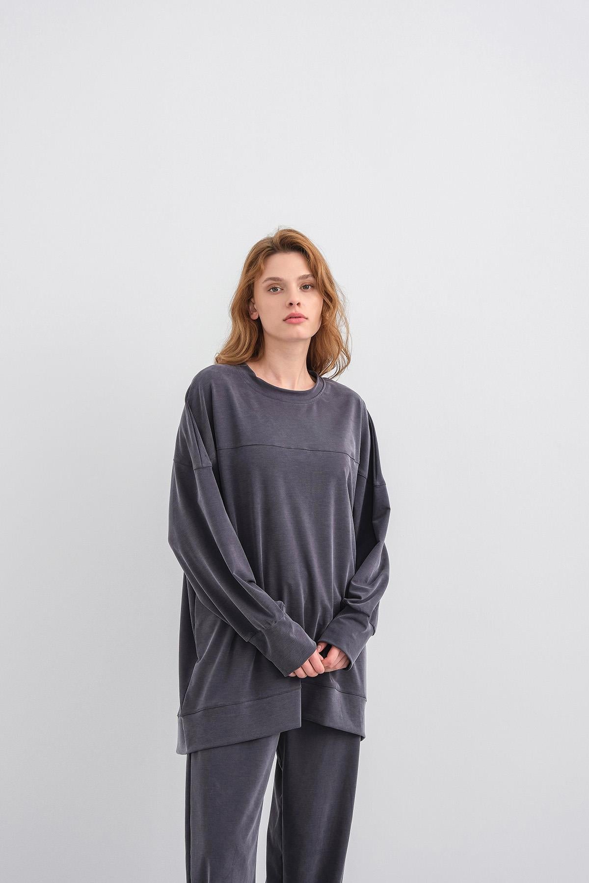 Füme Kadın Tencel Karışımlı Yumuşak Dokulu Nervürlü Bol Paça Basic Alt-Üst Takım