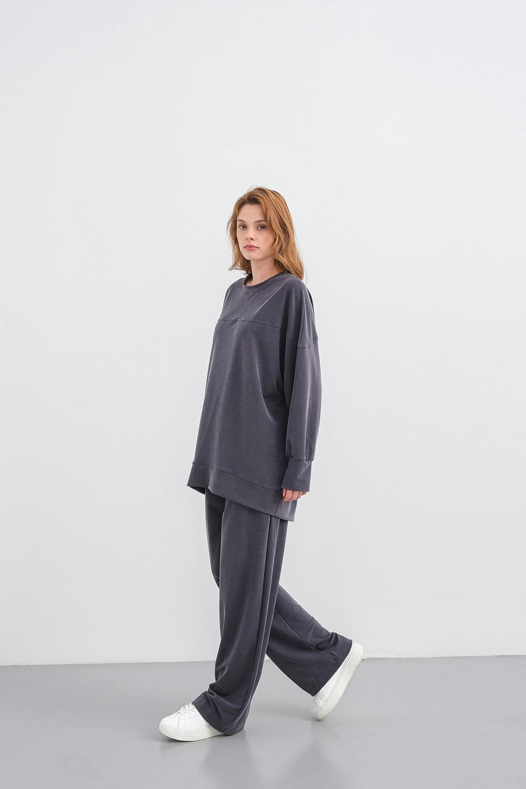 Füme Kadın Tencel Karışımlı Yumuşak Dokulu Nervürlü Bol Paça Basic Alt-Üst Takım