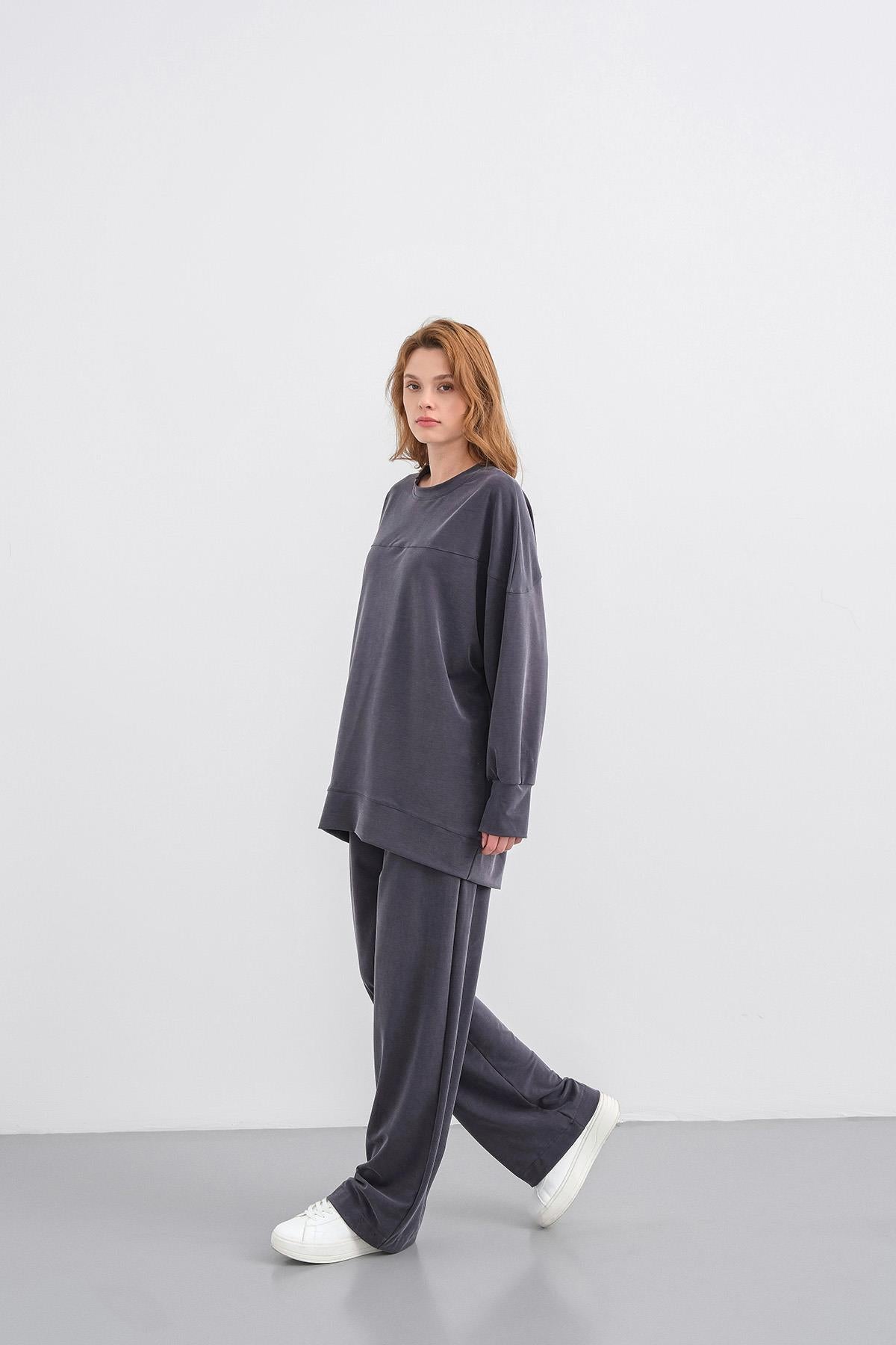 Füme Kadın Tencel Karışımlı Yumuşak Dokulu Nervürlü Bol Paça Basic Alt-Üst Takım