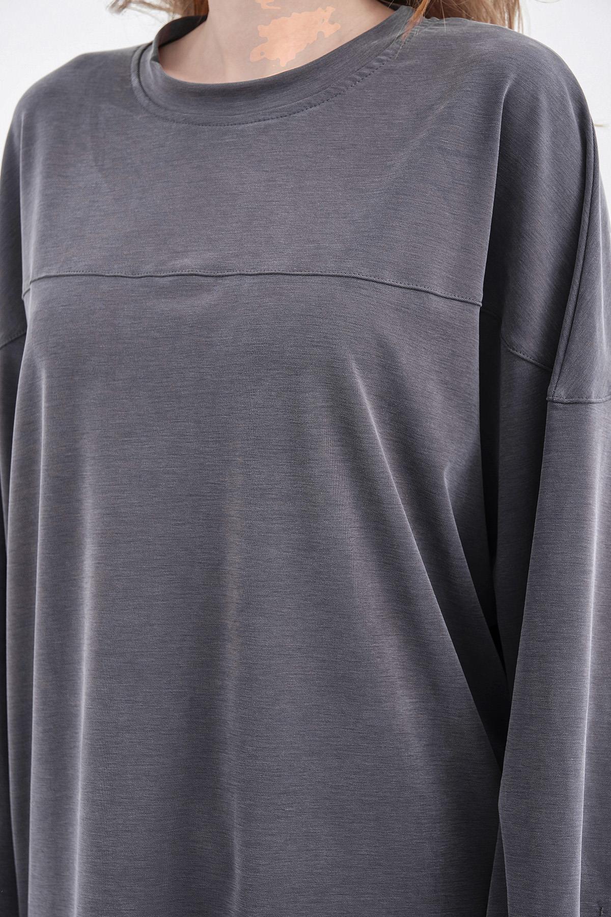 Füme Kadın Tencel Karışımlı Yumuşak Dokulu Nervürlü Bol Paça Basic Alt-Üst Takım