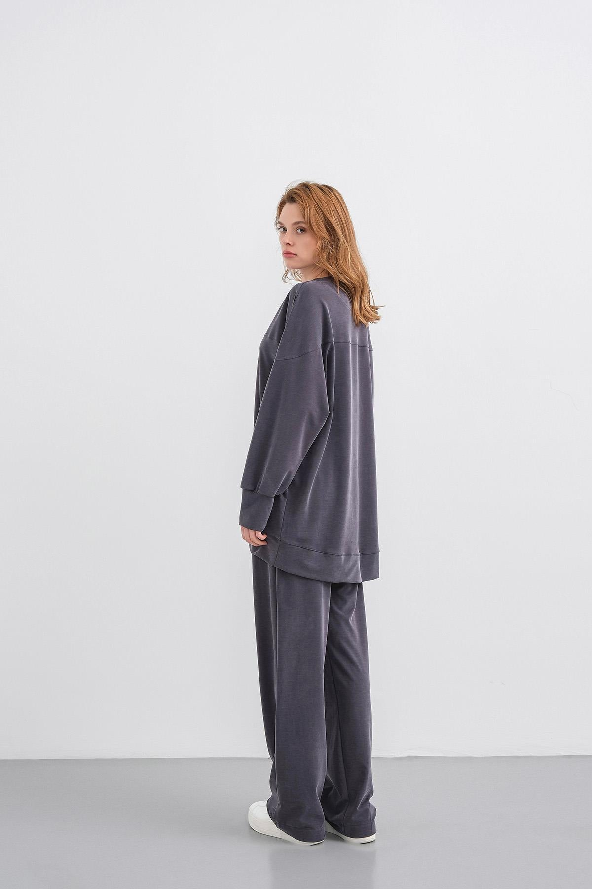 Füme Kadın Tencel Karışımlı Yumuşak Dokulu Nervürlü Bol Paça Basic Alt-Üst Takım