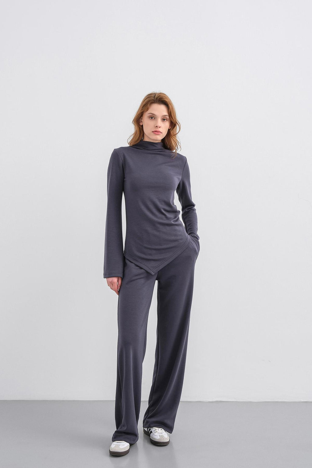 Füme Kadın Yumuşak Dokulu Premium Modal  Balıkçı Yaka Asimetrik Kesim Alt-Üst Takım