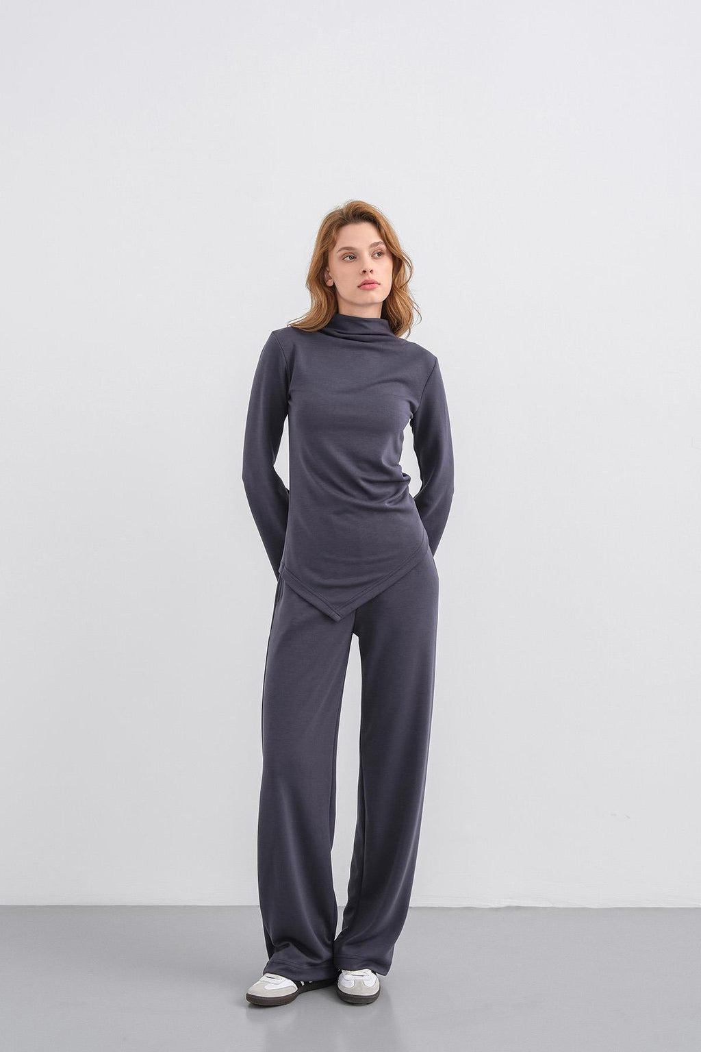 Füme Kadın Yumuşak Dokulu Premium Modal  Balıkçı Yaka Asimetrik Kesim Alt-Üst Takım