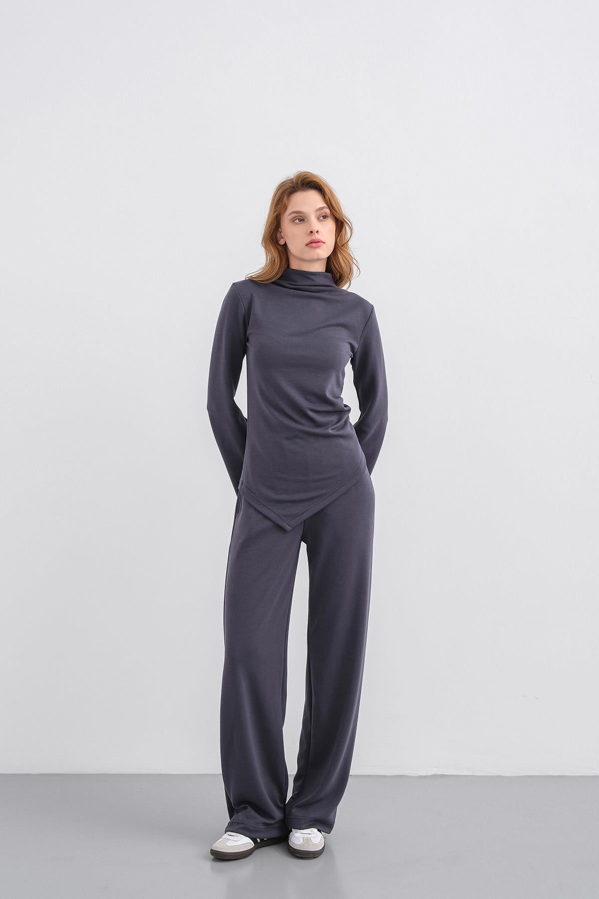 Füme Kadın Yumuşak Dokulu Premium Modal  Balıkçı Yaka Asimetrik Kesim Alt-Üst Takım