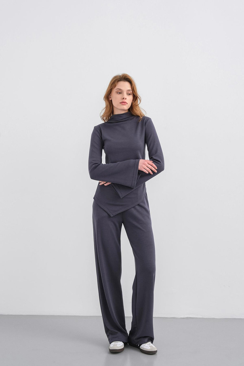 Füme Kadın Yumuşak Dokulu Premium Modal  Balıkçı Yaka Asimetrik Kesim Alt-Üst Takım