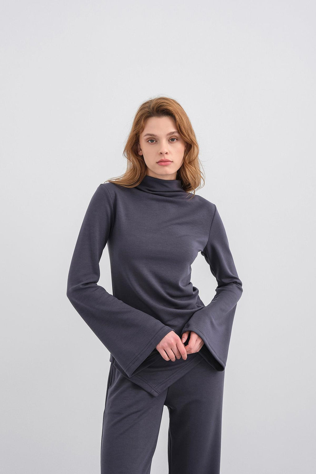 Füme Kadın Yumuşak Dokulu Premium Modal  Balıkçı Yaka Asimetrik Kesim Alt-Üst Takım