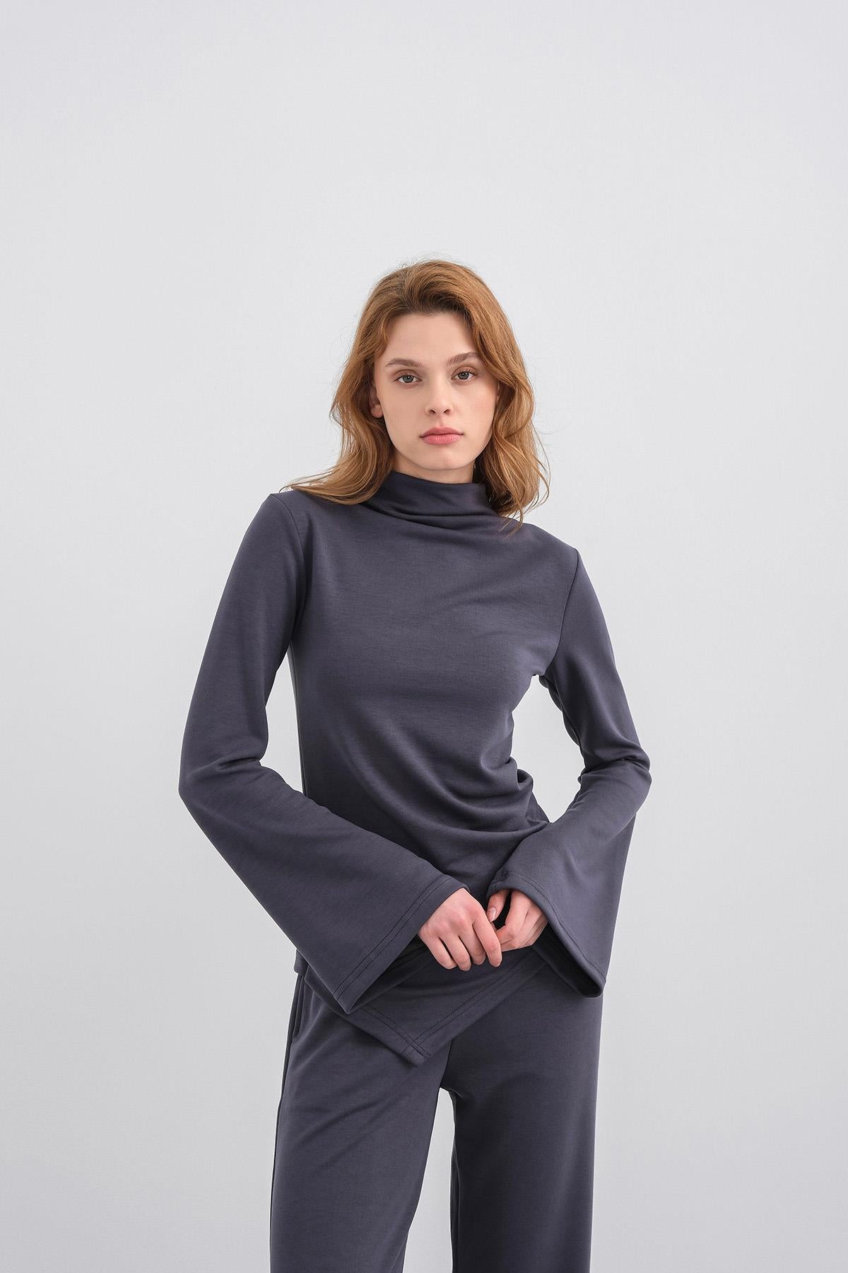 Füme Kadın Yumuşak Dokulu Premium Modal  Balıkçı Yaka Asimetrik Kesim Alt-Üst Takım