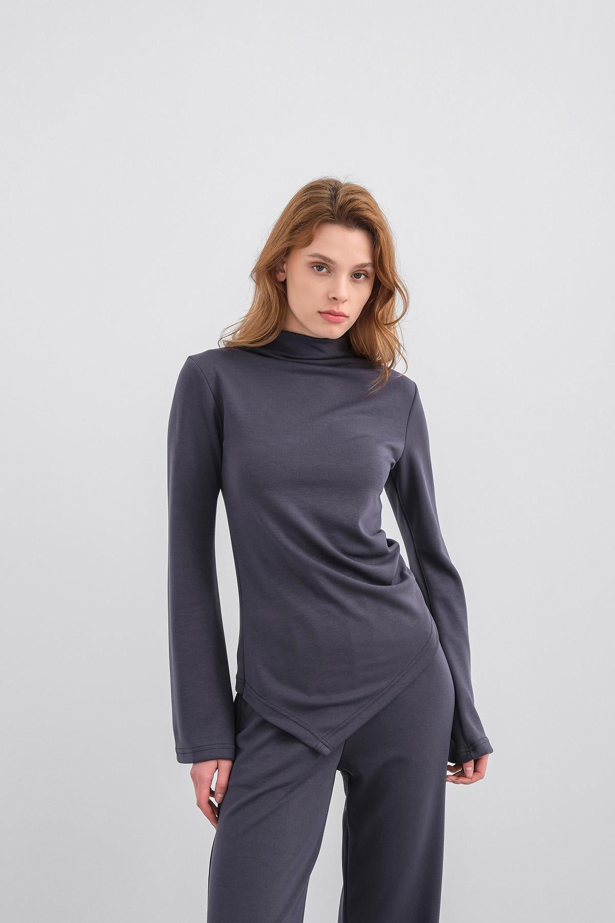 Füme Kadın Yumuşak Dokulu Premium Modal  Balıkçı Yaka Asimetrik Kesim Alt-Üst Takım