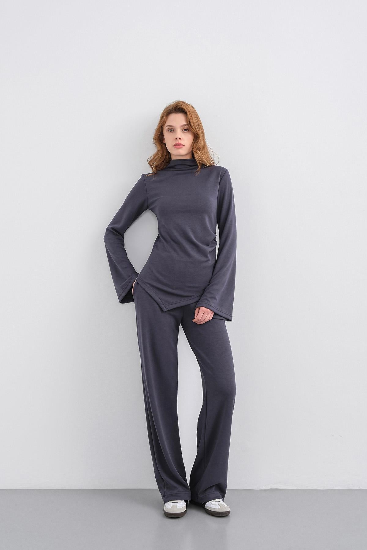Füme Kadın Yumuşak Dokulu Premium Modal  Balıkçı Yaka Asimetrik Kesim Alt-Üst Takım