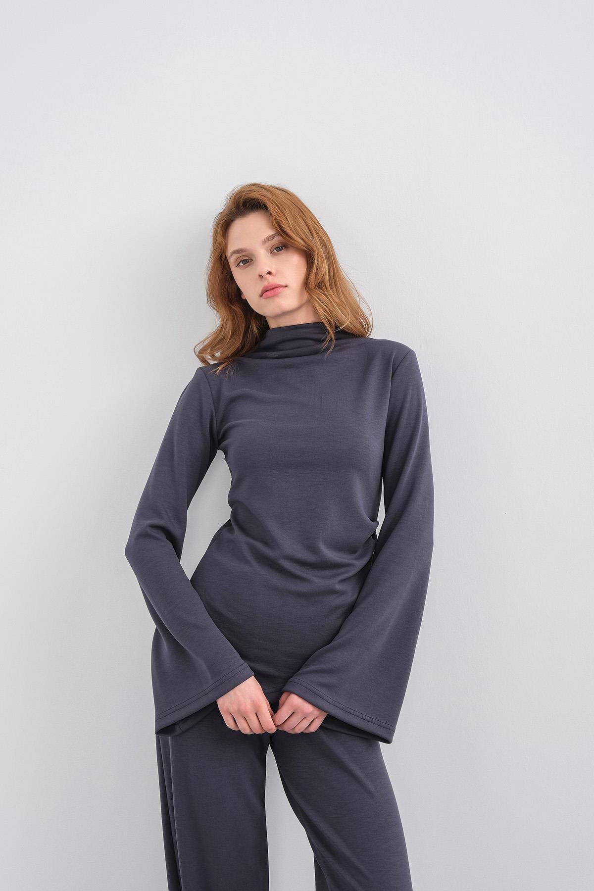 Füme Kadın Yumuşak Dokulu Premium Modal  Balıkçı Yaka Asimetrik Kesim Alt-Üst Takım