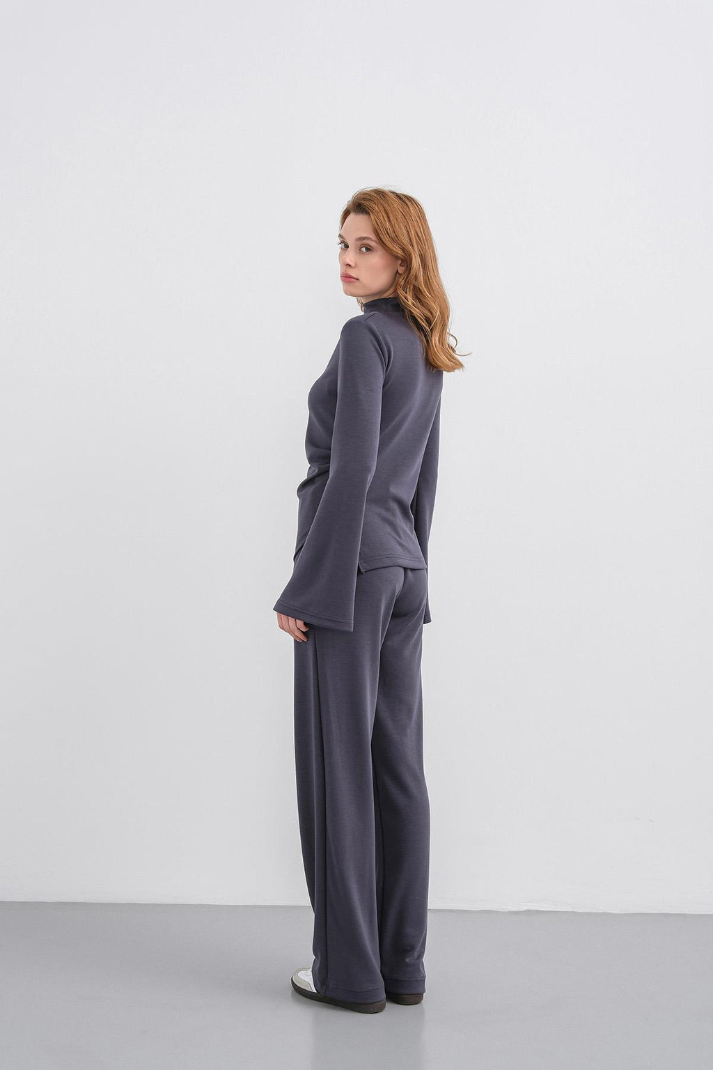 Füme Kadın Yumuşak Dokulu Premium Modal  Balıkçı Yaka Asimetrik Kesim Alt-Üst Takım