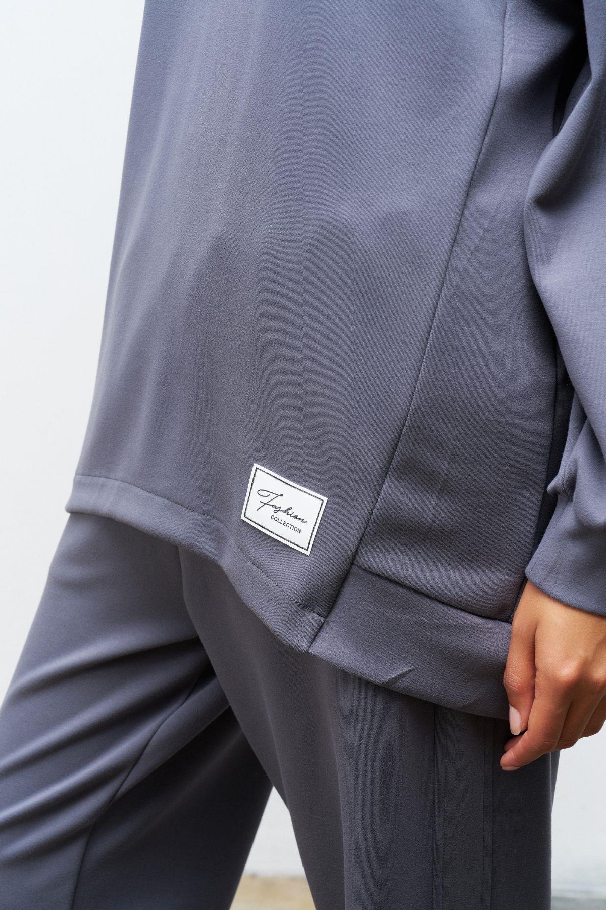 Füme Terletmez Süs Etiket Detaylı Üst  Ve Bel Lastikli Pantolon Modal Takım