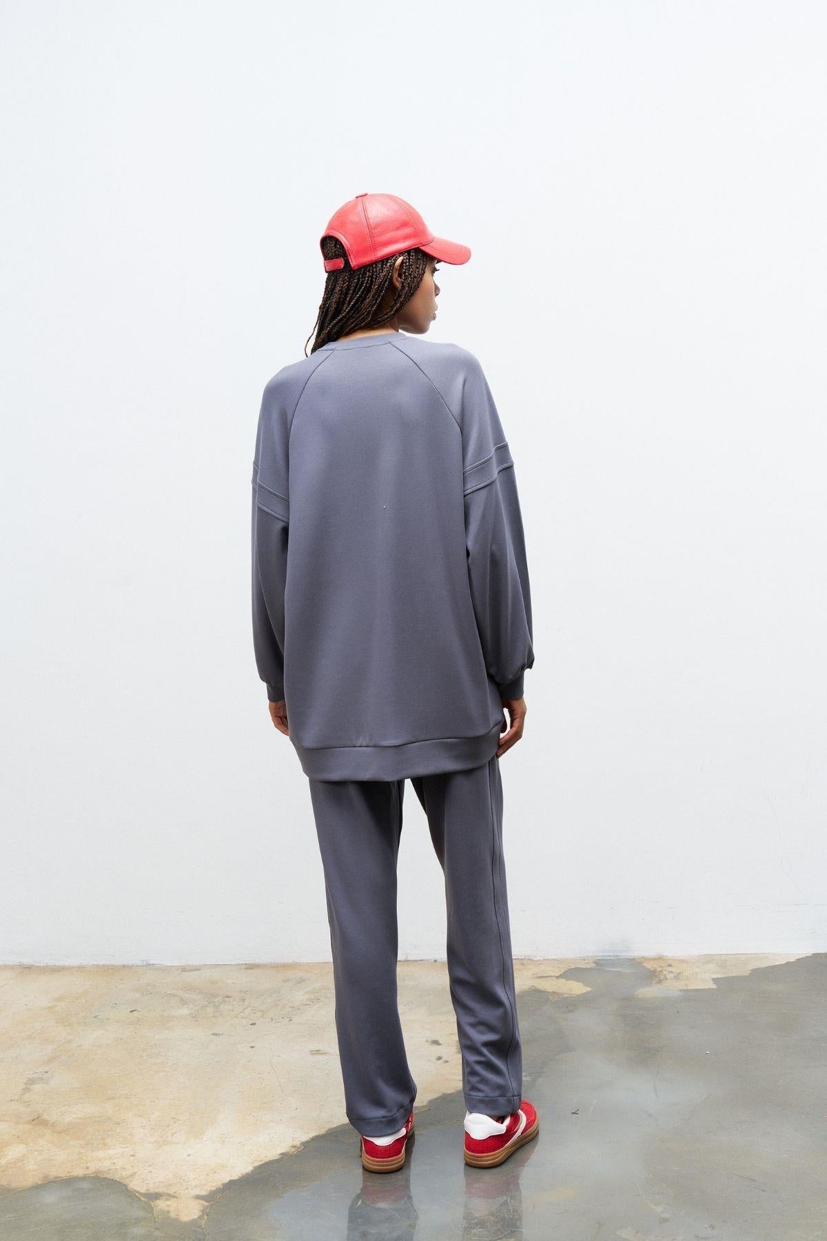 Füme Terletmez Süs Etiket Detaylı Üst  Ve Bel Lastikli Pantolon Modal Takım