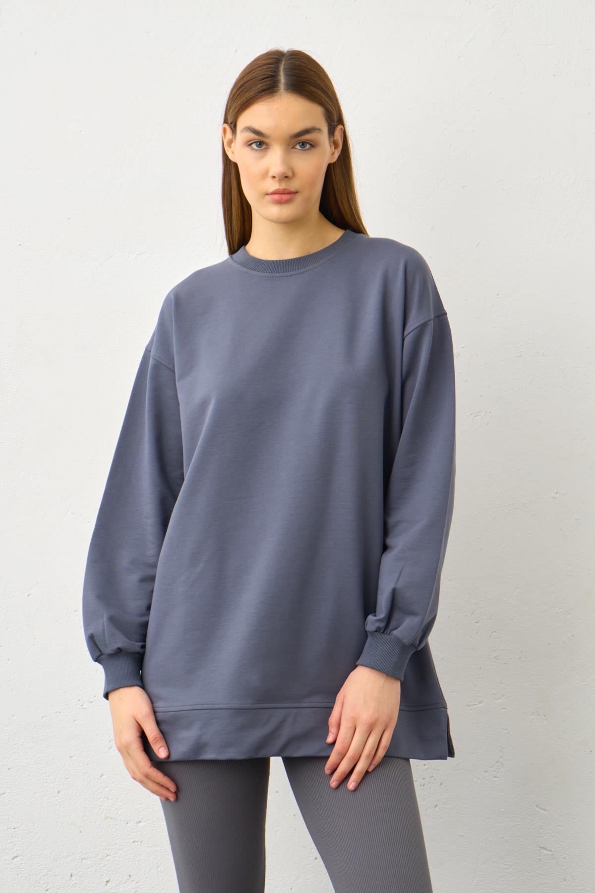 Füme Yüksek Bel Tayt Üstü Bisiklet Yaka Tunik  Pamuklu Alt Üst Takım