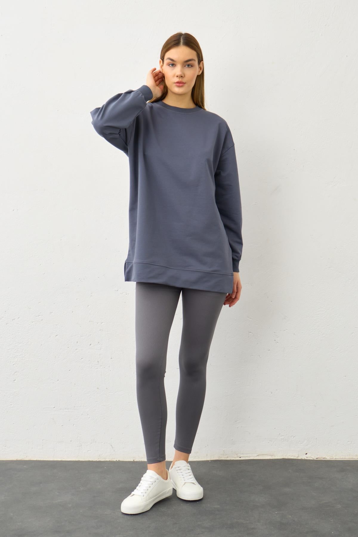 Füme Yüksek Bel Tayt Üstü Bisiklet Yaka Tunik  Pamuklu Alt Üst Takım