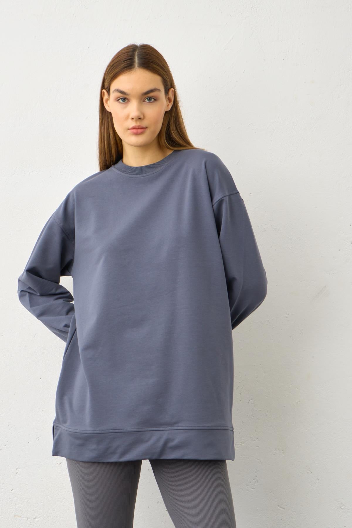 Füme Yüksek Bel Tayt Üstü Bisiklet Yaka Tunik  Pamuklu Alt Üst Takım