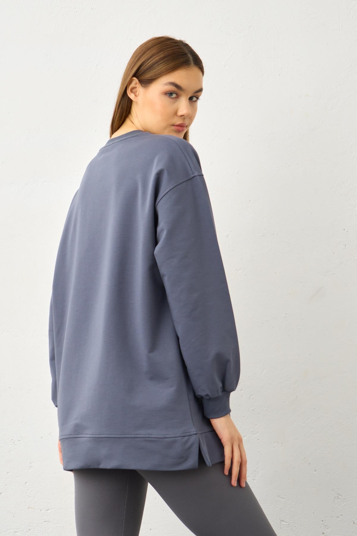 Füme Yüksek Bel Tayt Üstü Bisiklet Yaka Tunik  Pamuklu Alt Üst Takım