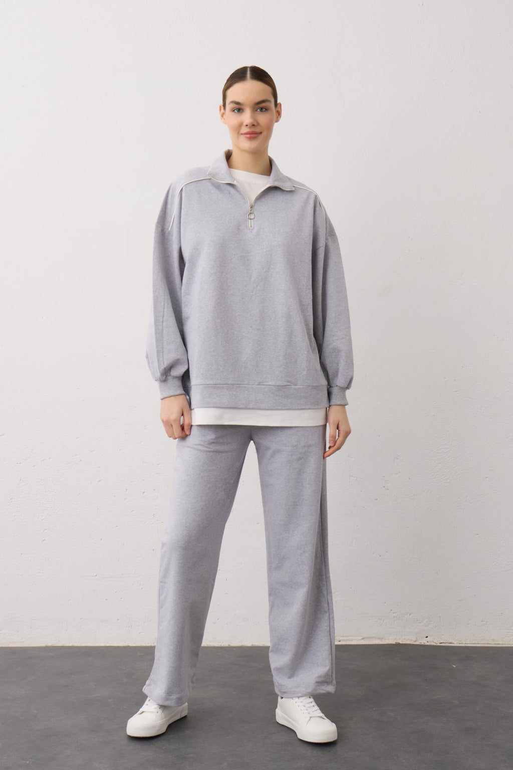 Gri Eteği Süprem Detaylı Fermuarlı Örme Pamuklu Alt Üst Takım