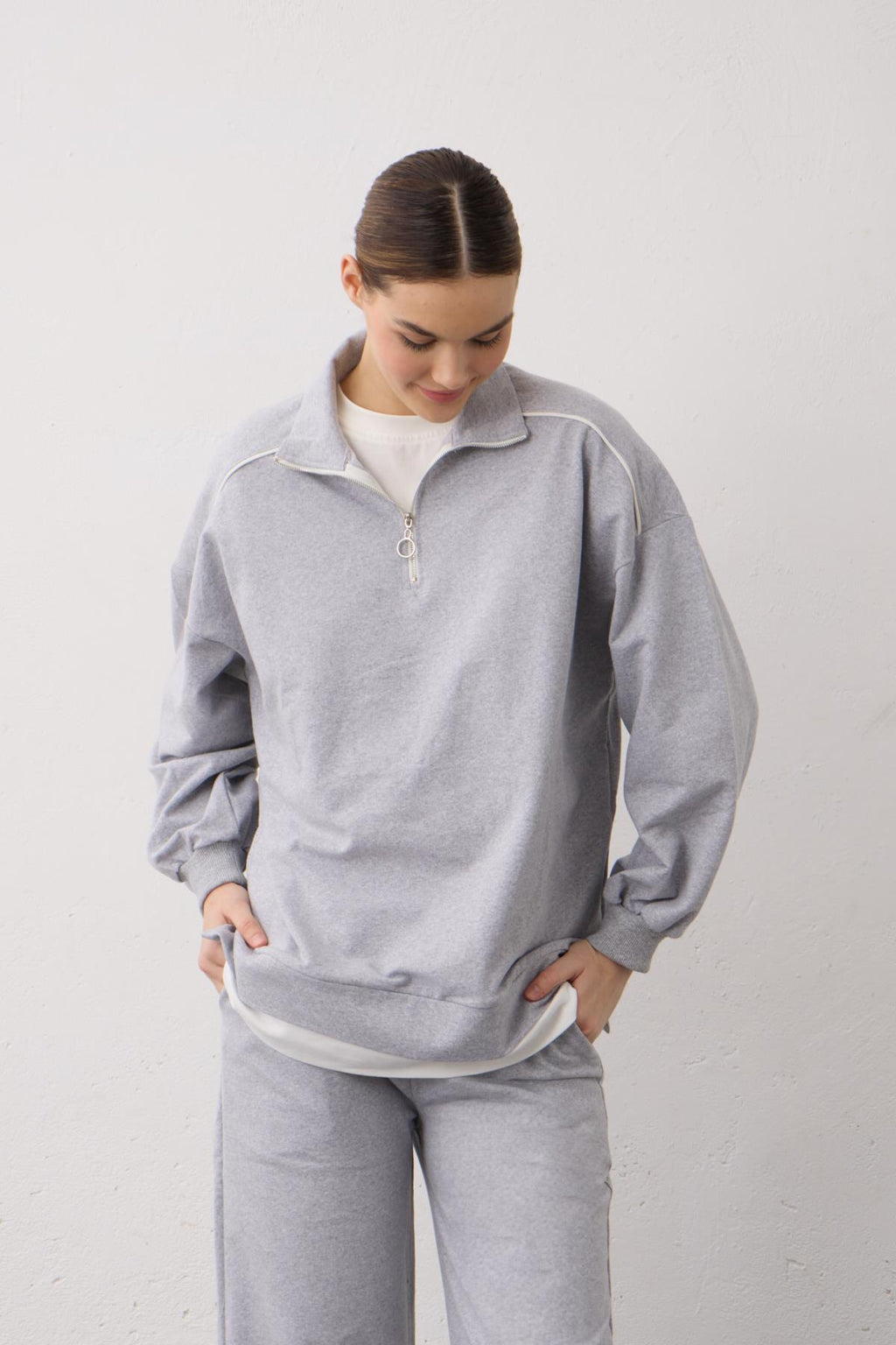 Gri Eteği Süprem Detaylı Fermuarlı Örme Pamuklu Alt Üst Takım