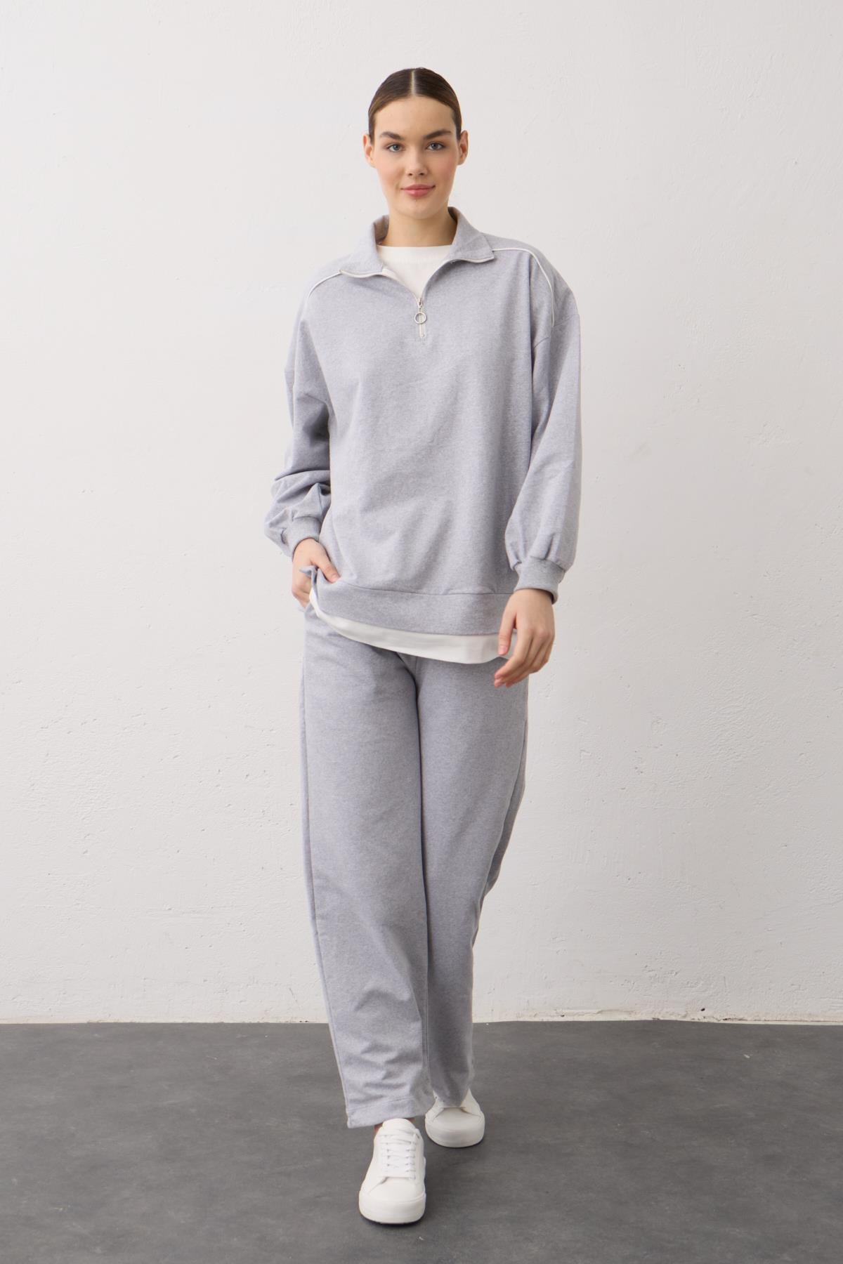 Gri Eteği Süprem Detaylı Fermuarlı Örme Pamuklu Alt Üst Takım