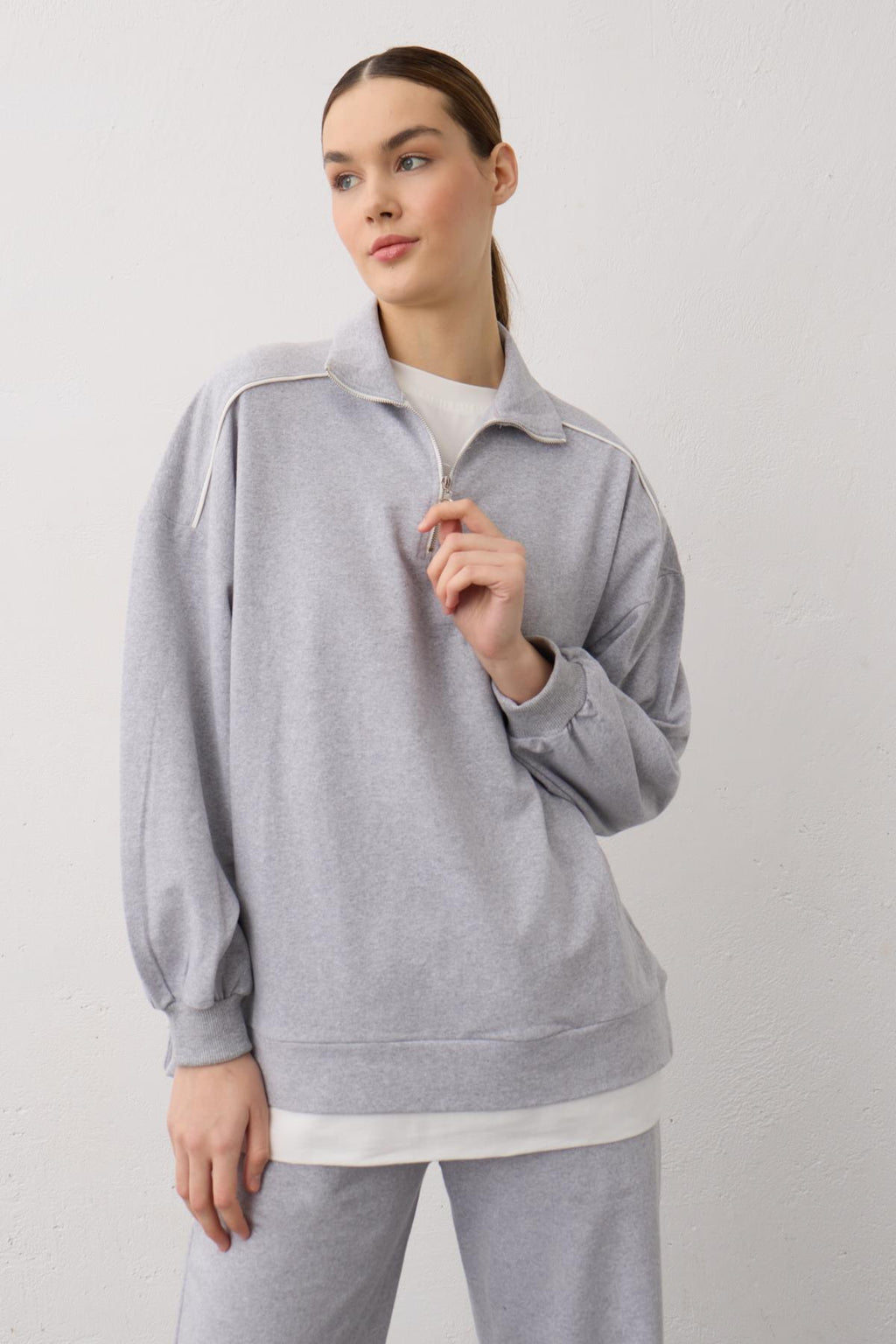 Gri Eteği Süprem Detaylı Fermuarlı Örme Pamuklu Alt Üst Takım