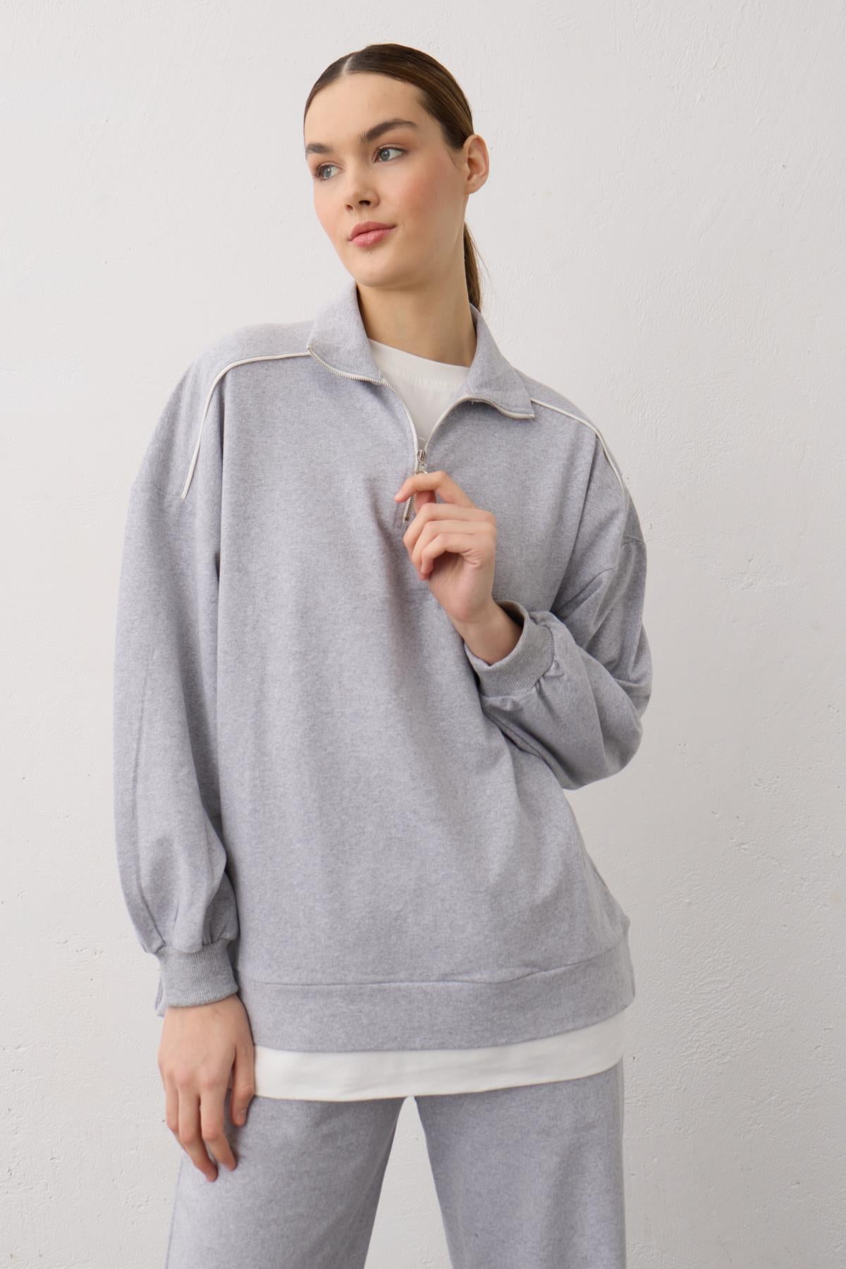 Gri Eteği Süprem Detaylı Fermuarlı Örme Pamuklu Alt Üst Takım