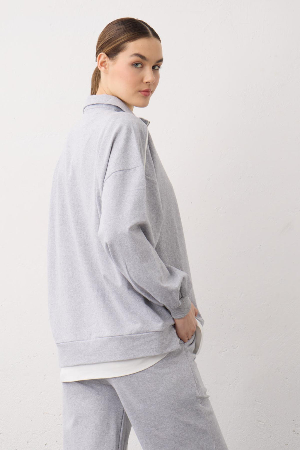 Gri Eteği Süprem Detaylı Fermuarlı Örme Pamuklu Alt Üst Takım