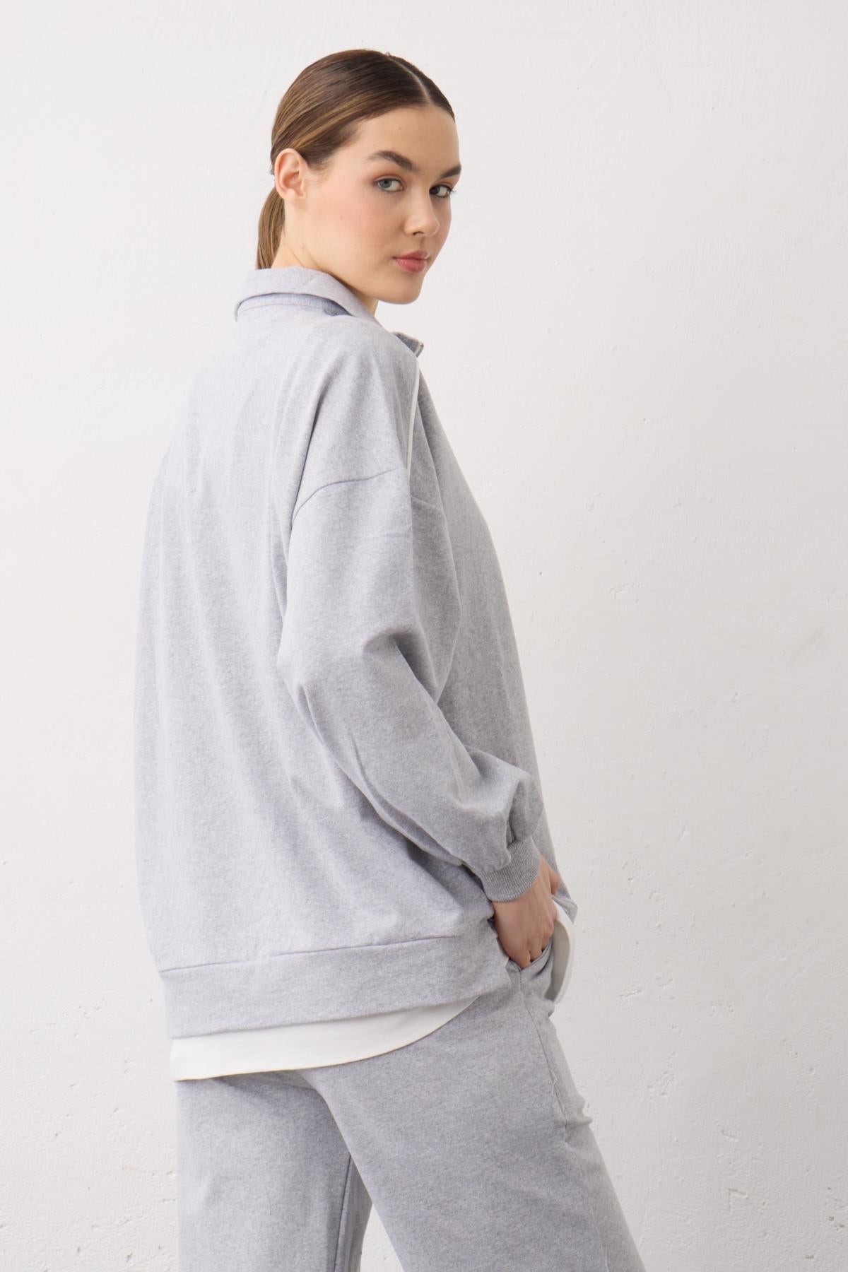 Gri Eteği Süprem Detaylı Fermuarlı Örme Pamuklu Alt Üst Takım