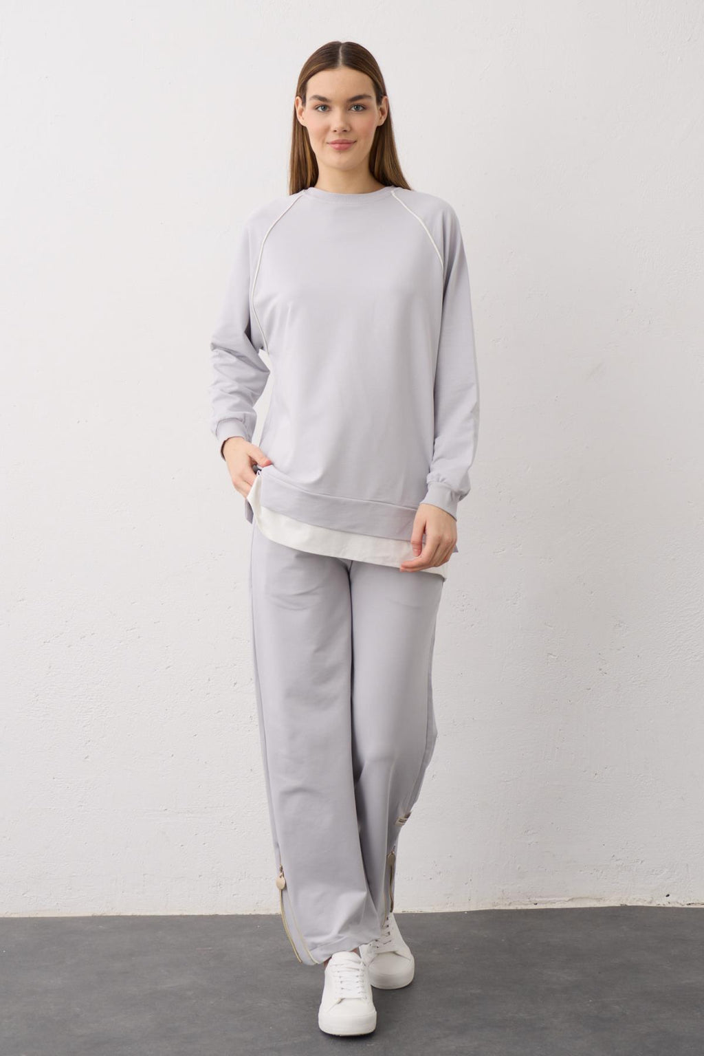 Gri Etiket Detaylı Paçası Fermuarlı Eteği Süprem Pamuklu Örme Alt Üst Takım