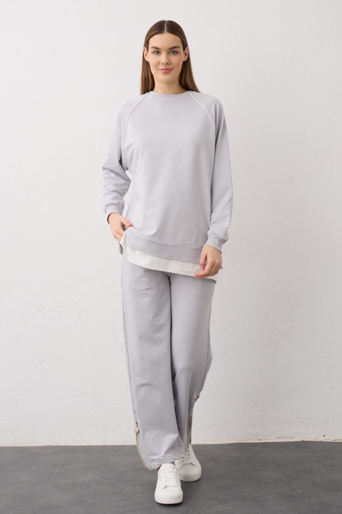 Gri Etiket Detaylı Paçası Fermuarlı Eteği Süprem Pamuklu Örme Alt Üst Takım