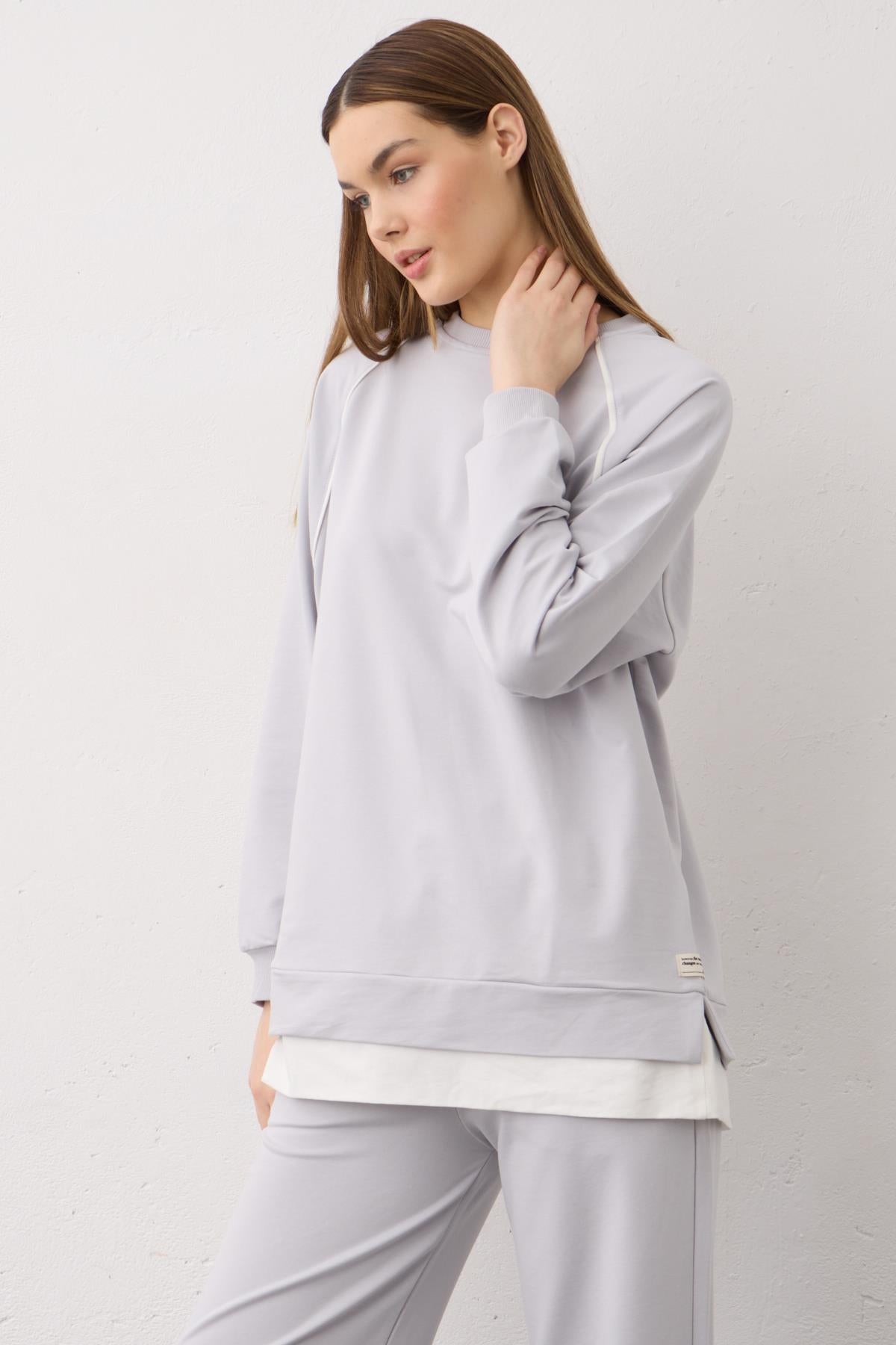 Gri Etiket Detaylı Paçası Fermuarlı Eteği Süprem Pamuklu Örme Alt Üst Takım