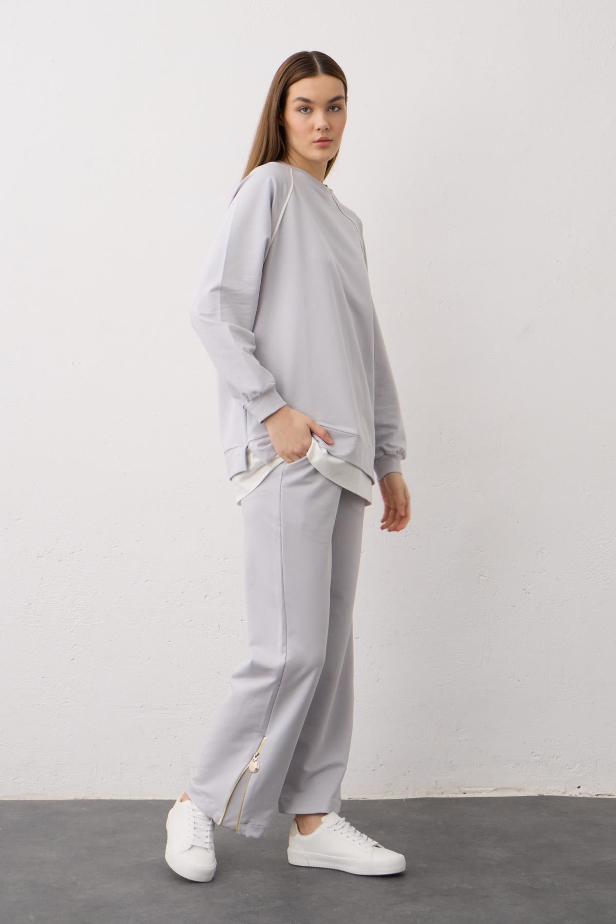 Gri Etiket Detaylı Paçası Fermuarlı Eteği Süprem Pamuklu Örme Alt Üst Takım