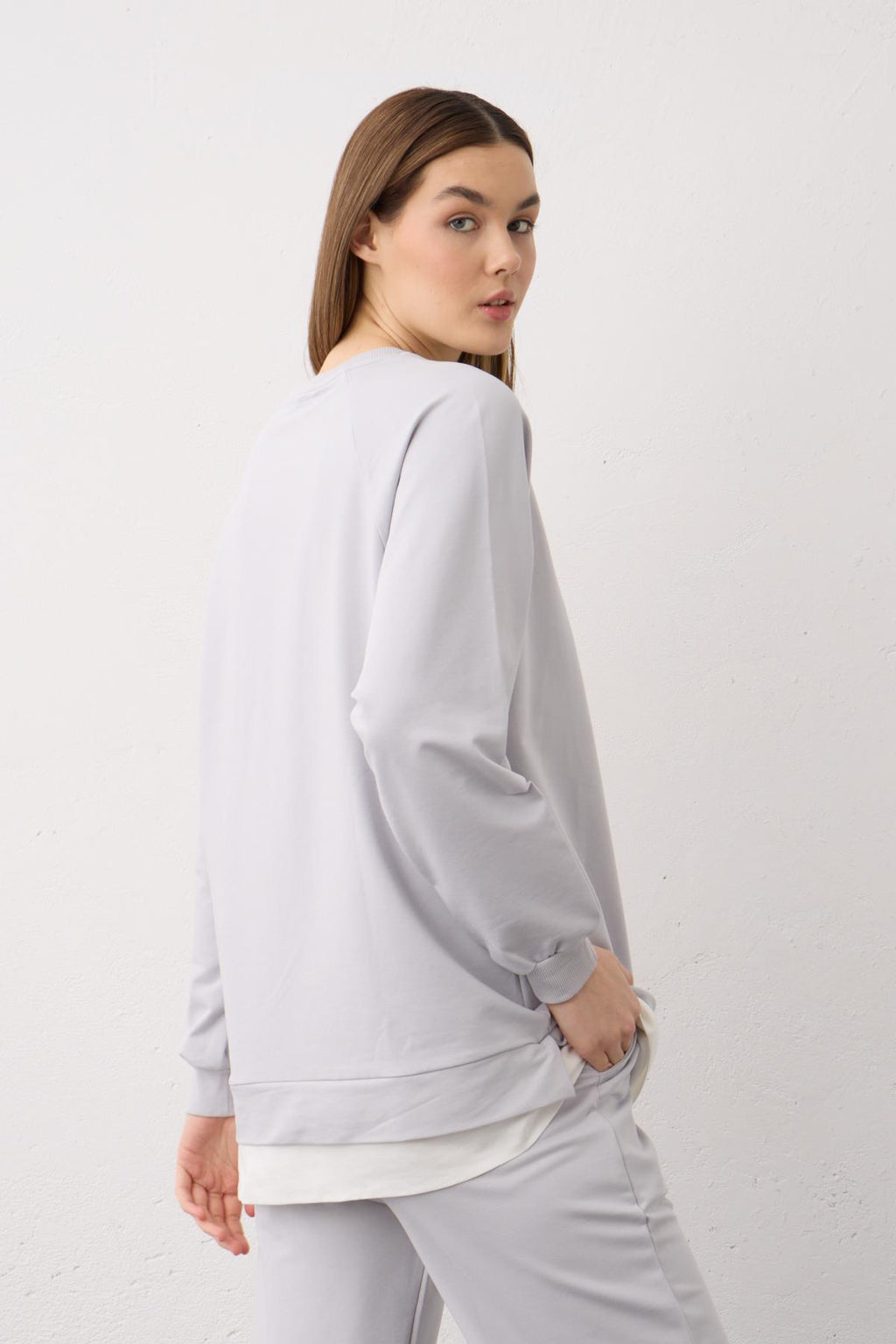 Gri Etiket Detaylı Paçası Fermuarlı Eteği Süprem Pamuklu Örme Alt Üst Takım