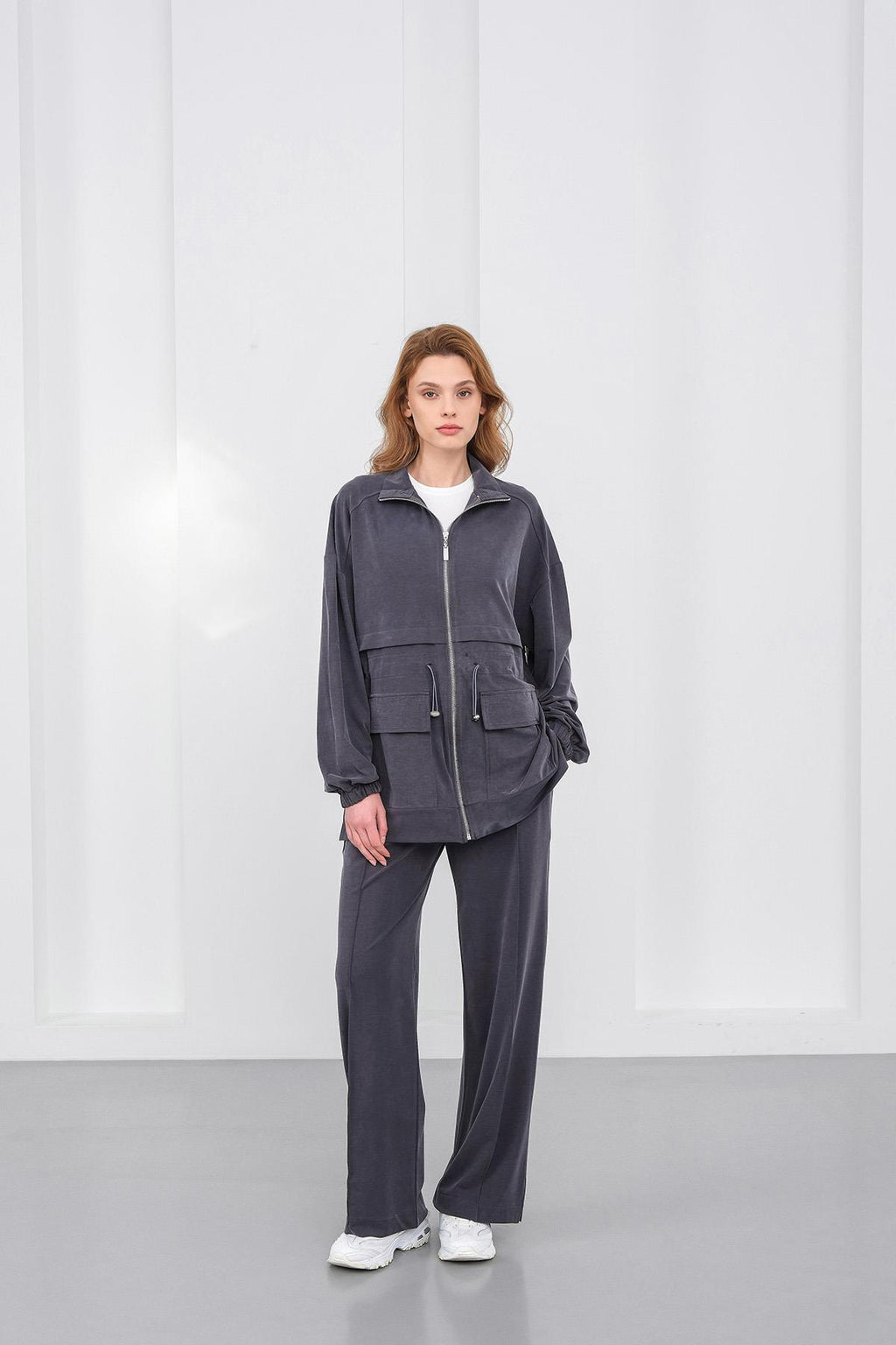 Gri Kadın Bel Lastik Detaylı Cepli Fermuar Kapamalı Oversize Modal Alt Üst Takım