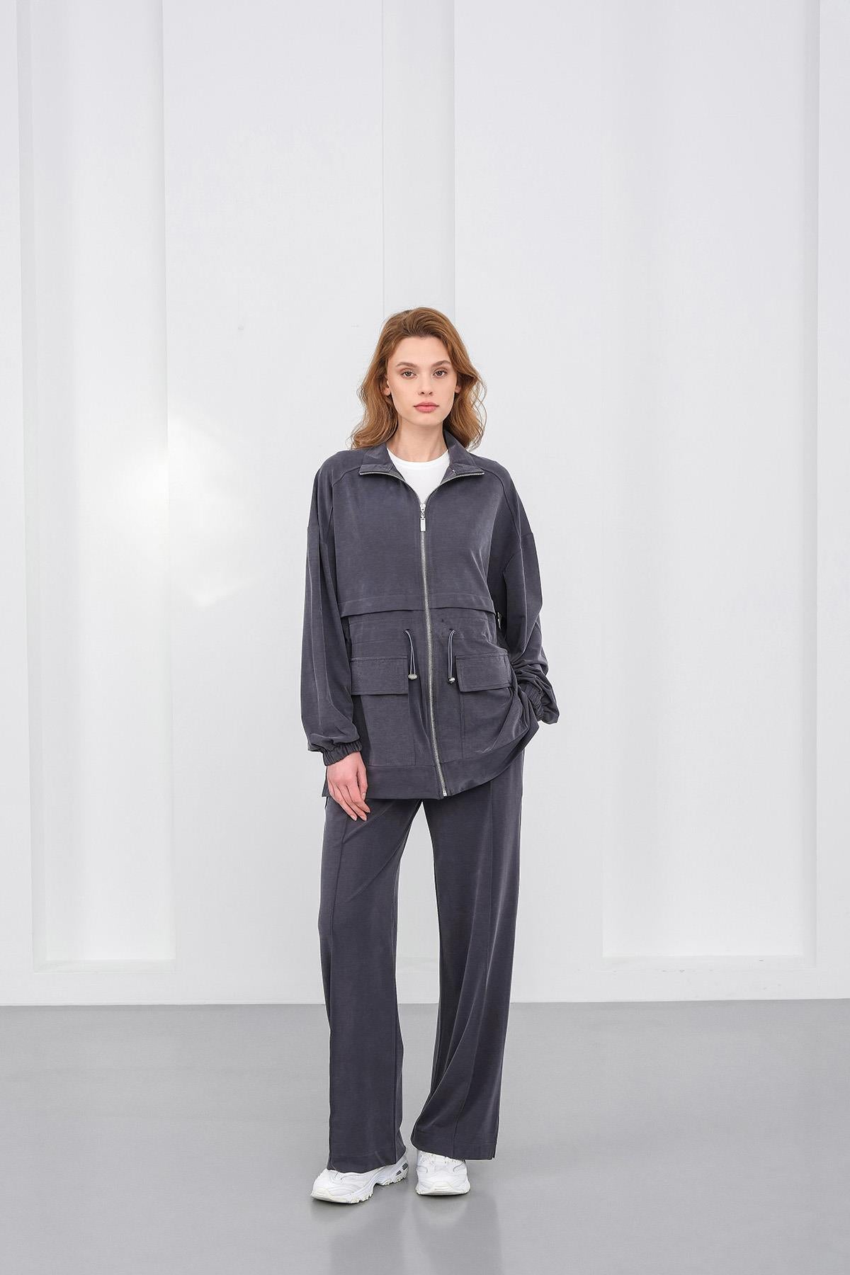 Gri Kadın Bel Lastik Detaylı Cepli Fermuar Kapamalı Oversize Modal Alt Üst Takım