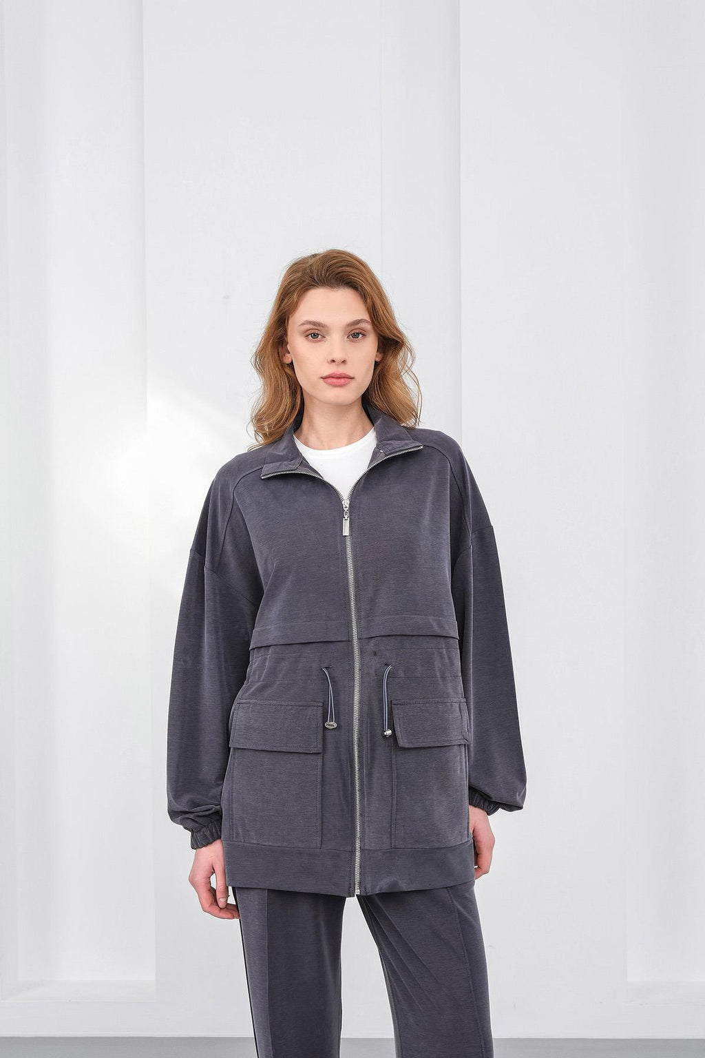 Gri Kadın Bel Lastik Detaylı Cepli Fermuar Kapamalı Oversize Modal Alt Üst Takım