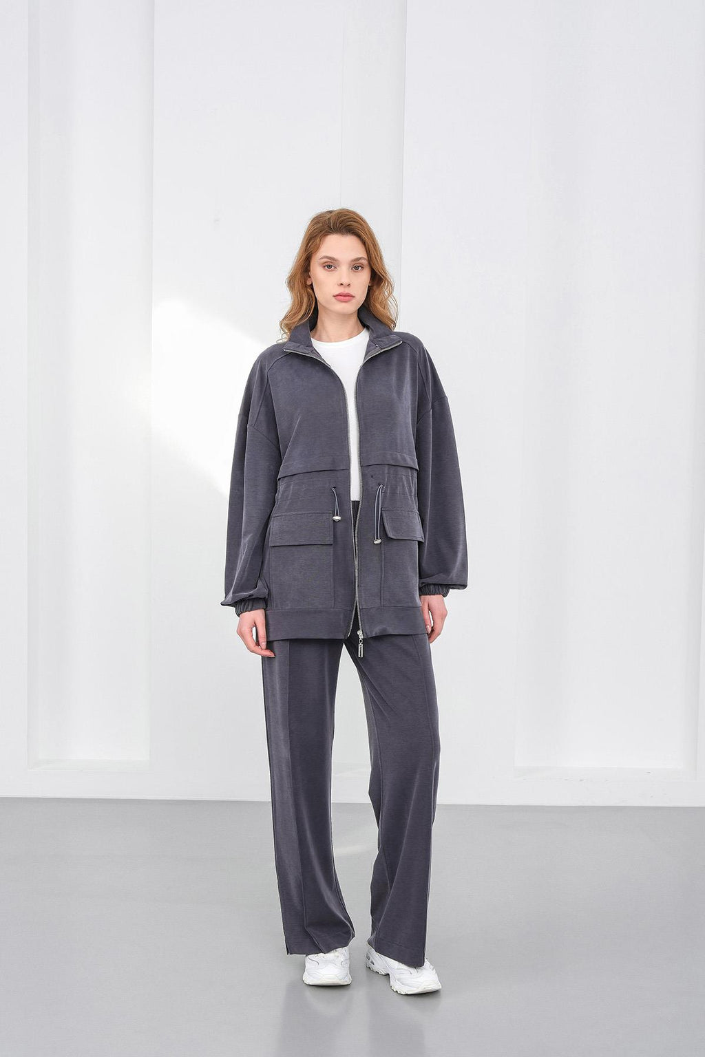 Gri Kadın Bel Lastik Detaylı Cepli Fermuar Kapamalı Oversize Modal Alt Üst Takım