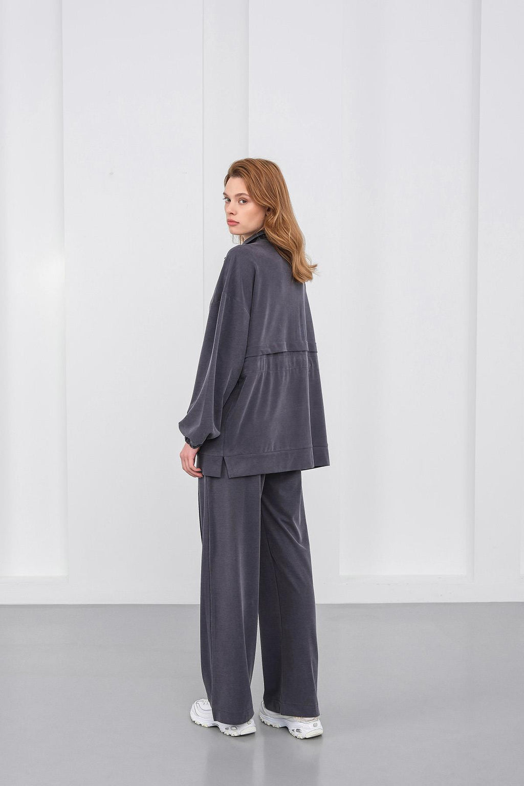 Gri Kadın Bel Lastik Detaylı Cepli Fermuar Kapamalı Oversize Modal Alt Üst Takım