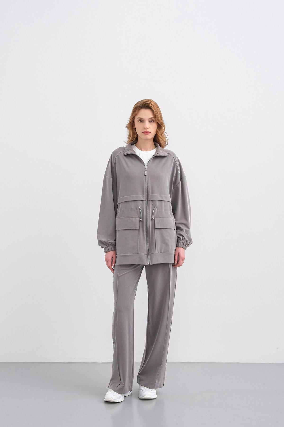 Gri Kadın Bel Lastik Detaylı Cepli Fermuar Kapamalı Oversize Modal Alt Üst Takım