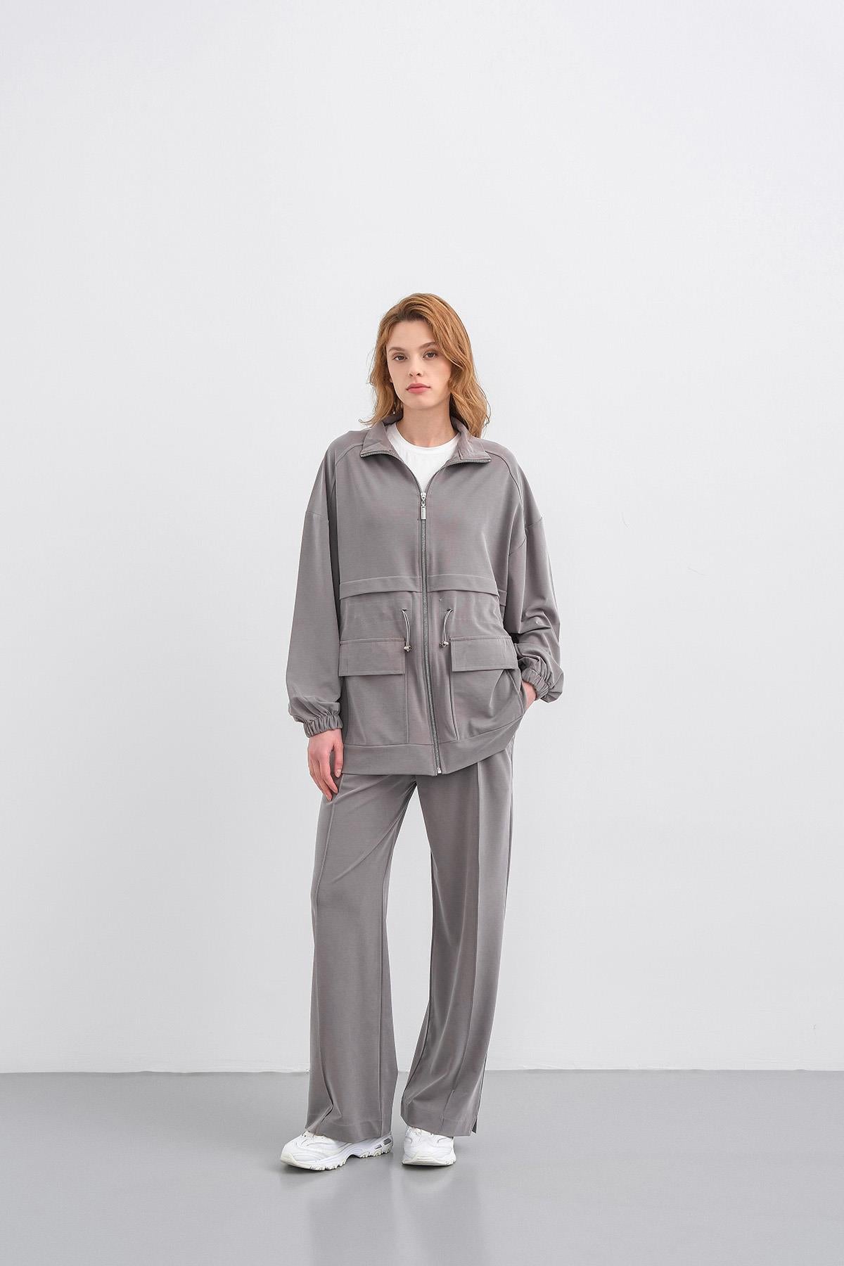 Gri Kadın Bel Lastik Detaylı Cepli Fermuar Kapamalı Oversize Modal Alt Üst Takım