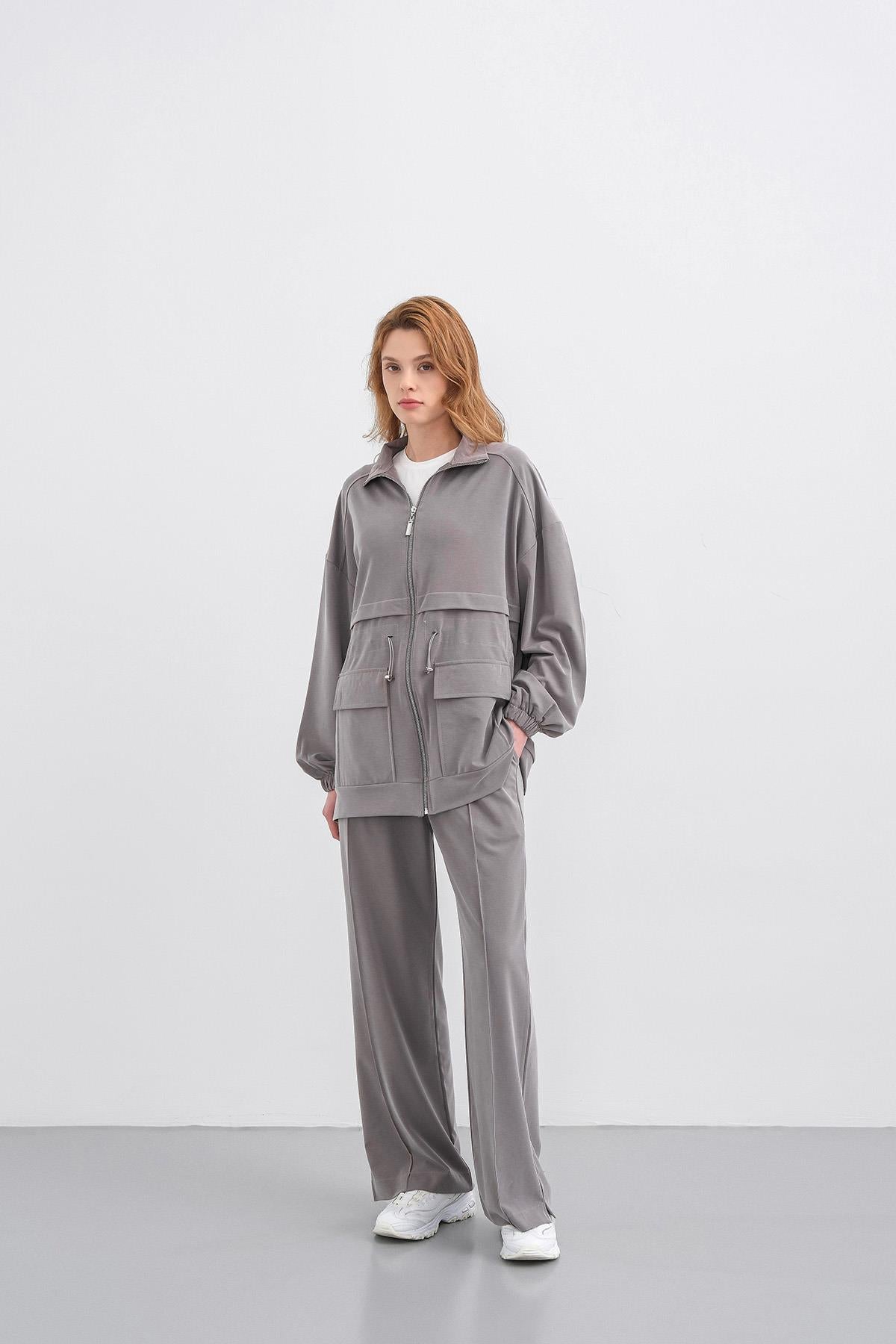 Gri Kadın Bel Lastik Detaylı Cepli Fermuar Kapamalı Oversize Modal Alt Üst Takım